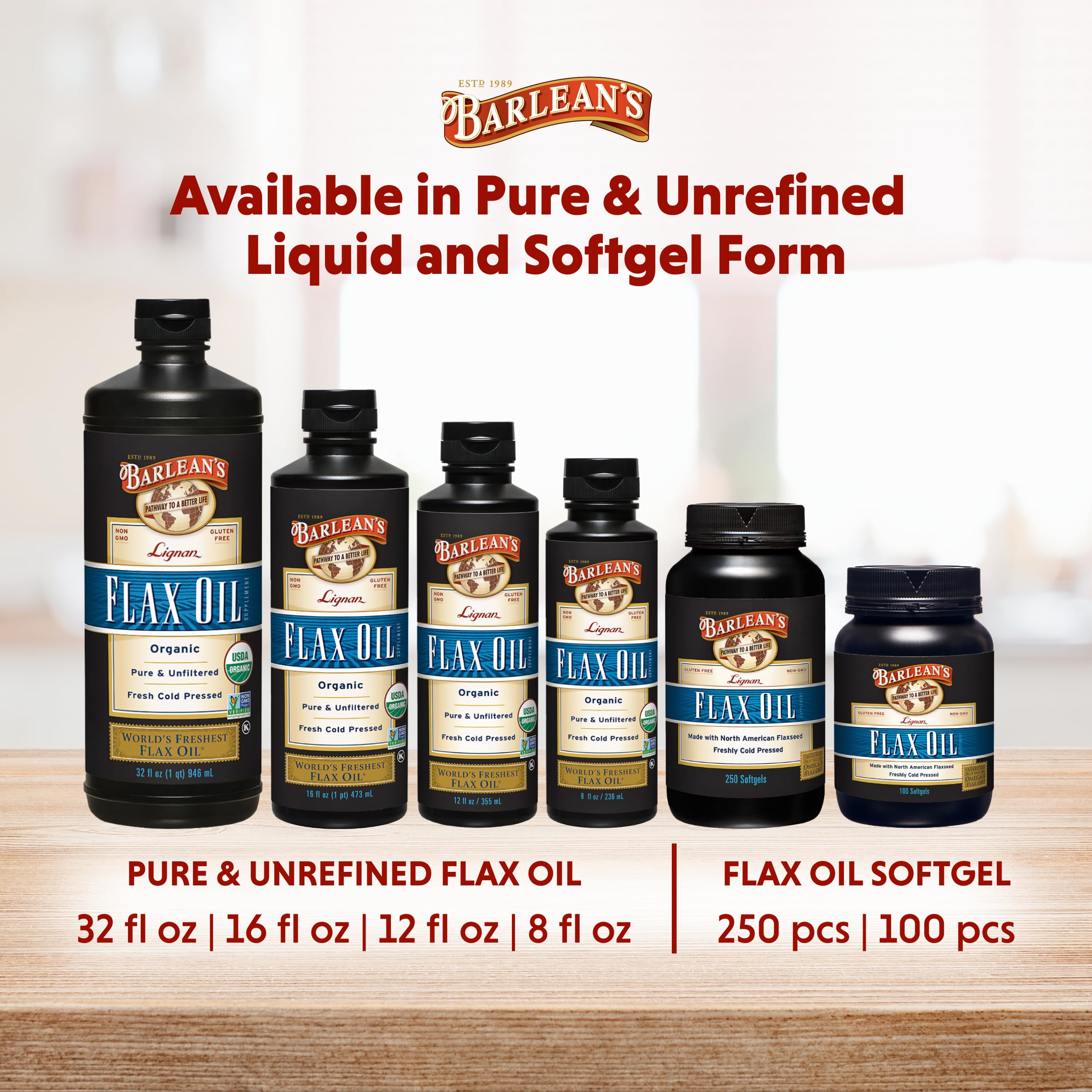 Barlean's Organic Lignan Flax Oil 100g with a measuring spoon
