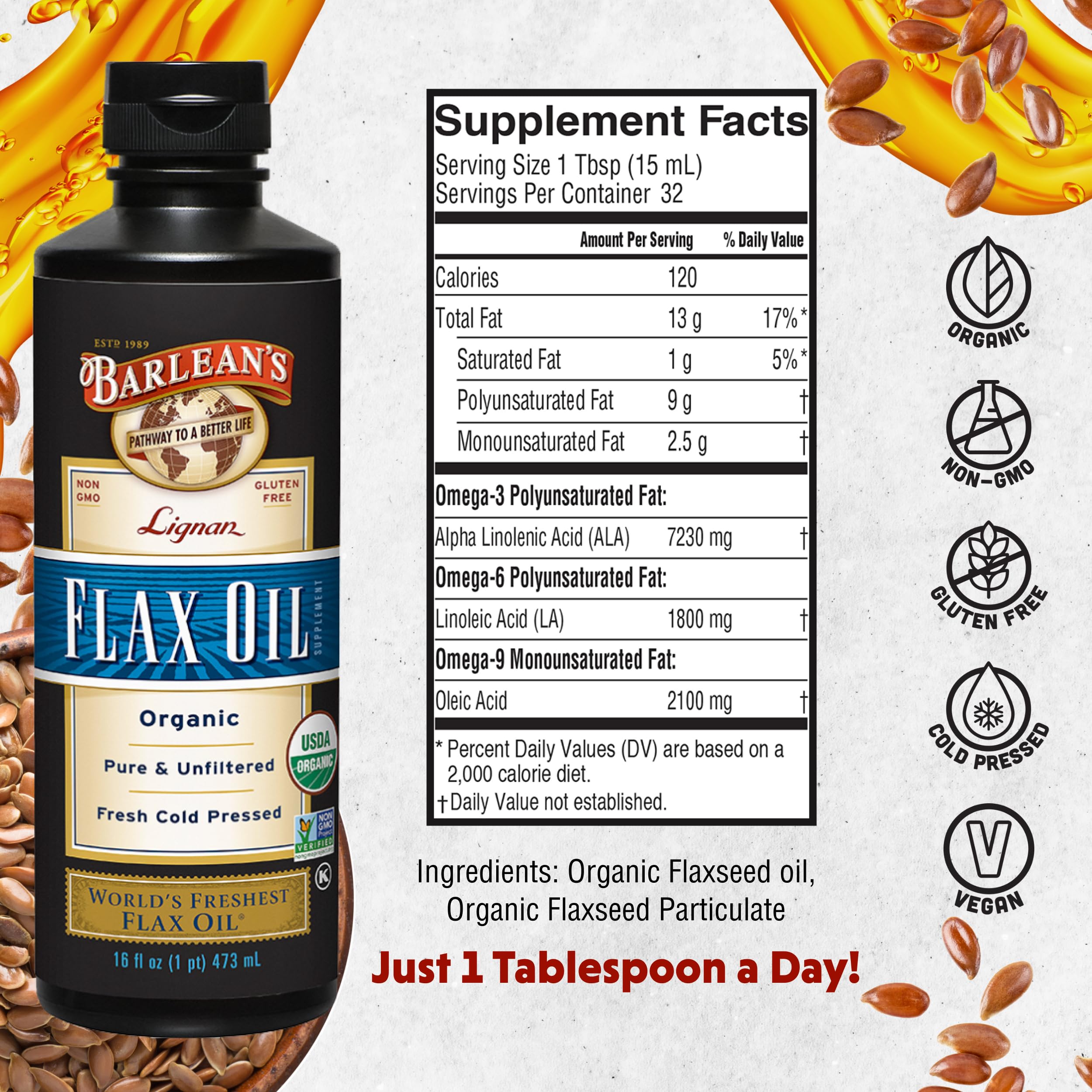 Barlean's Organic Lignan Flax Oil 100g with salad and vegetables