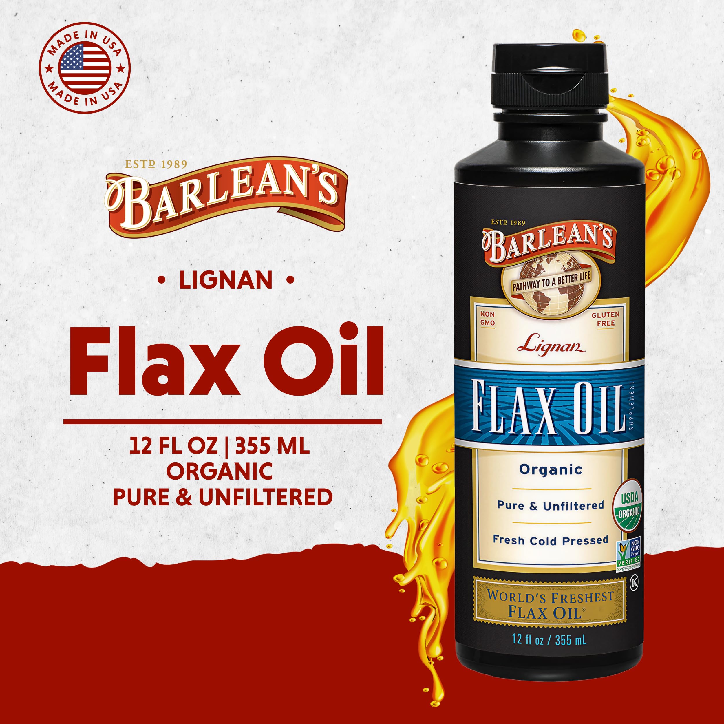 Barlean's Organic Lignan Flax Oil 340g bottle side view