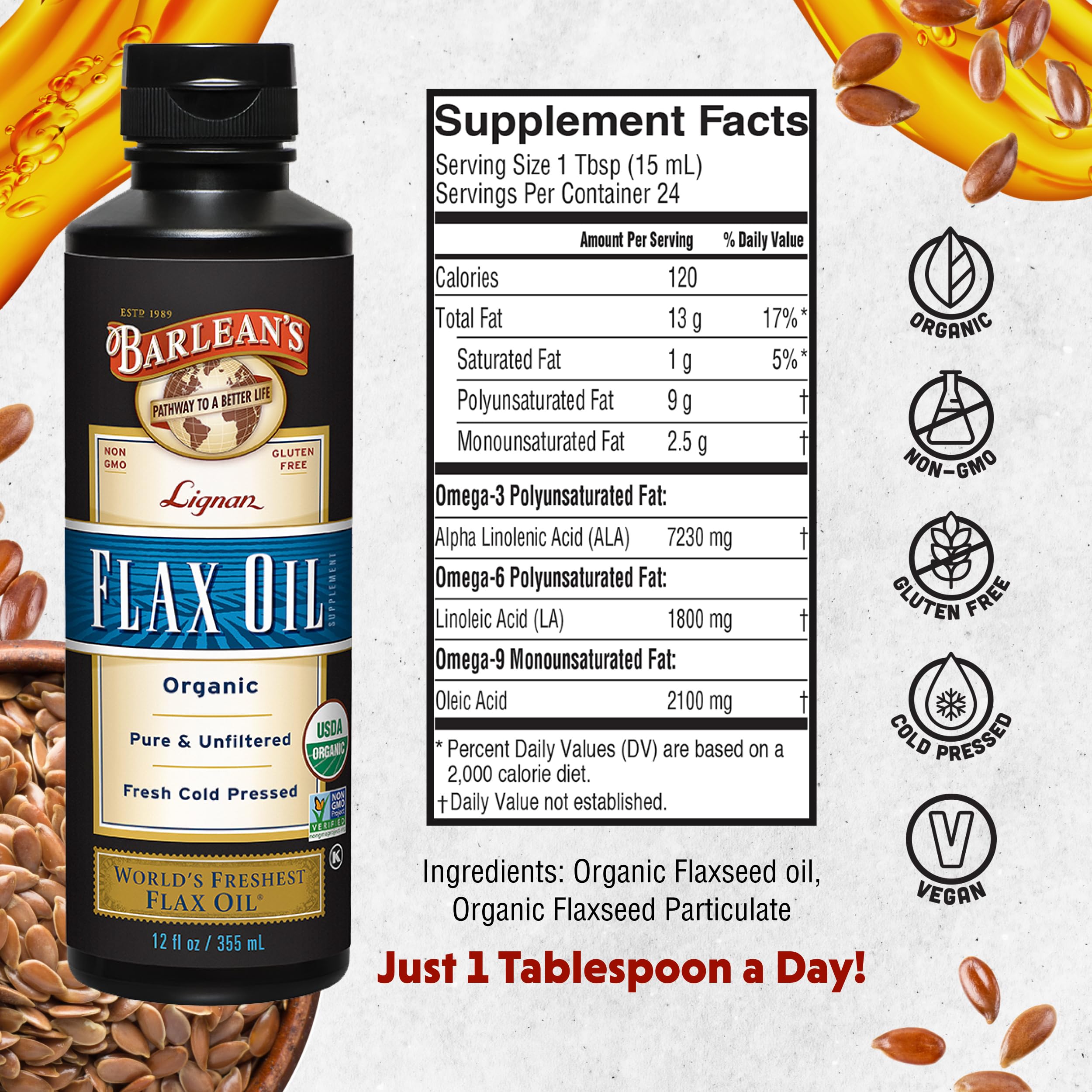 Barlean's Organic Lignan Flax Oil 340g with oatmeal
