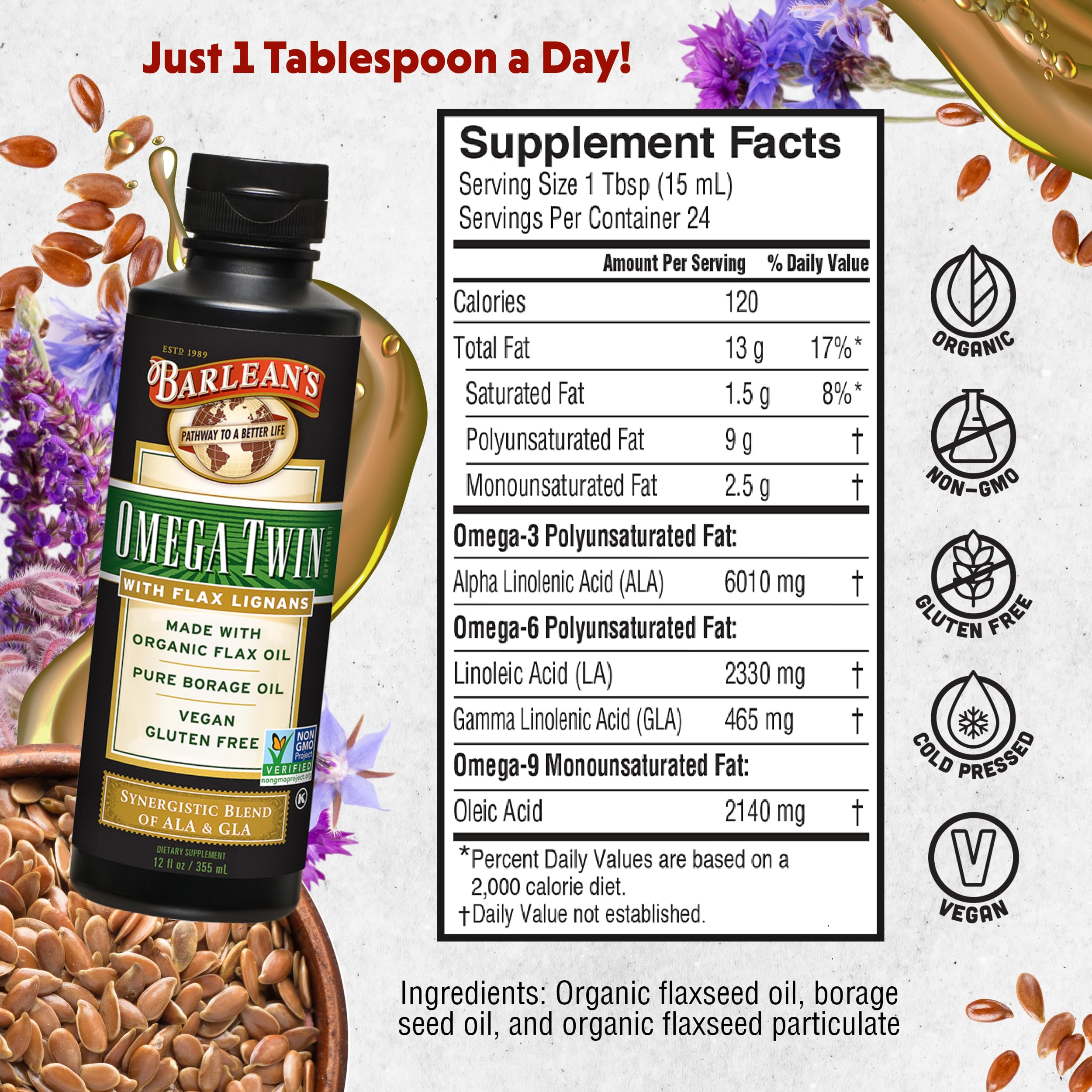 Barlean's Organic Omega-3 Flaxseed Oil 340g back view