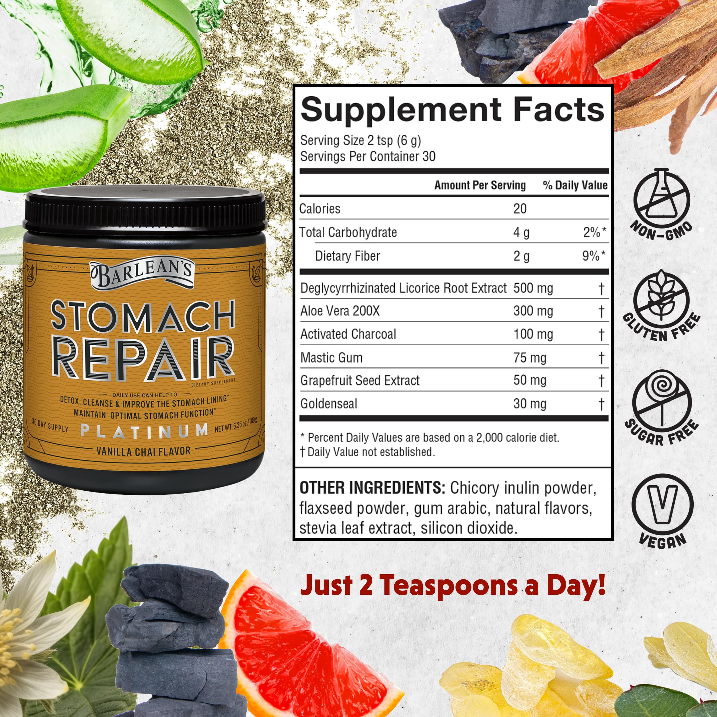 Barlean's Stomach Repair Powder back view with ingredient list