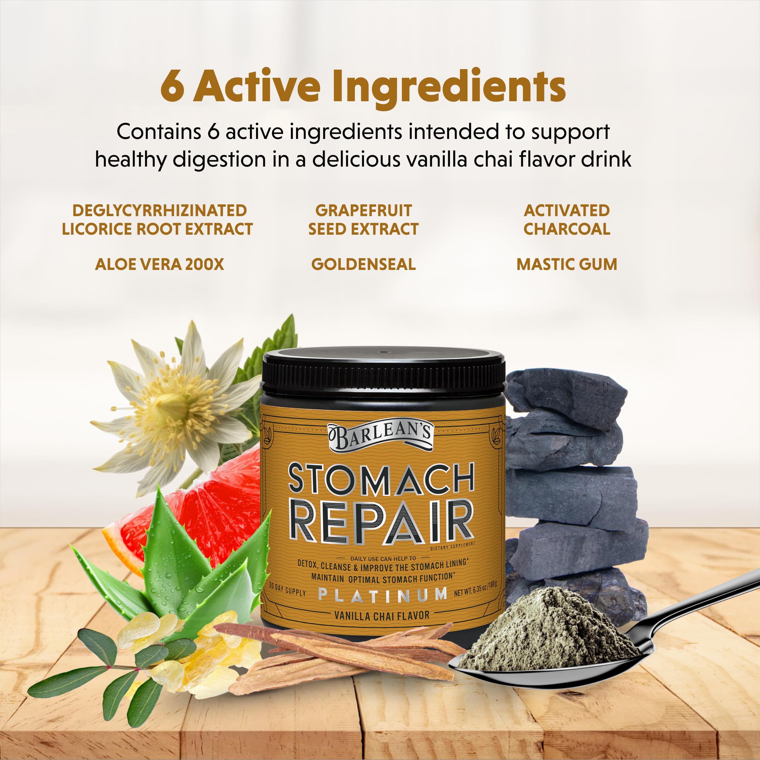 Barlean's Stomach Repair Powder on a kitchen counter