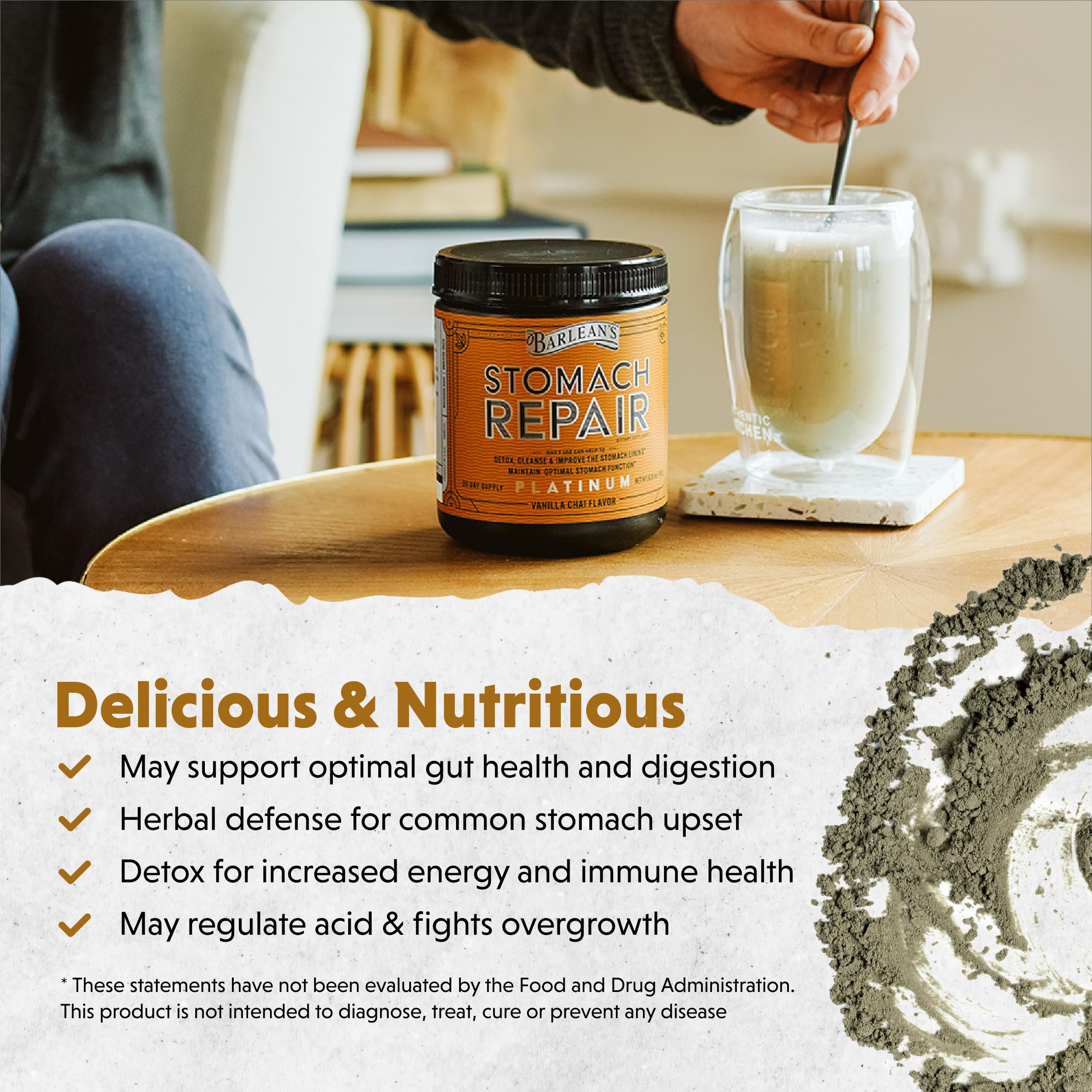Barlean's Stomach Repair Powder scooped with a teaspoon