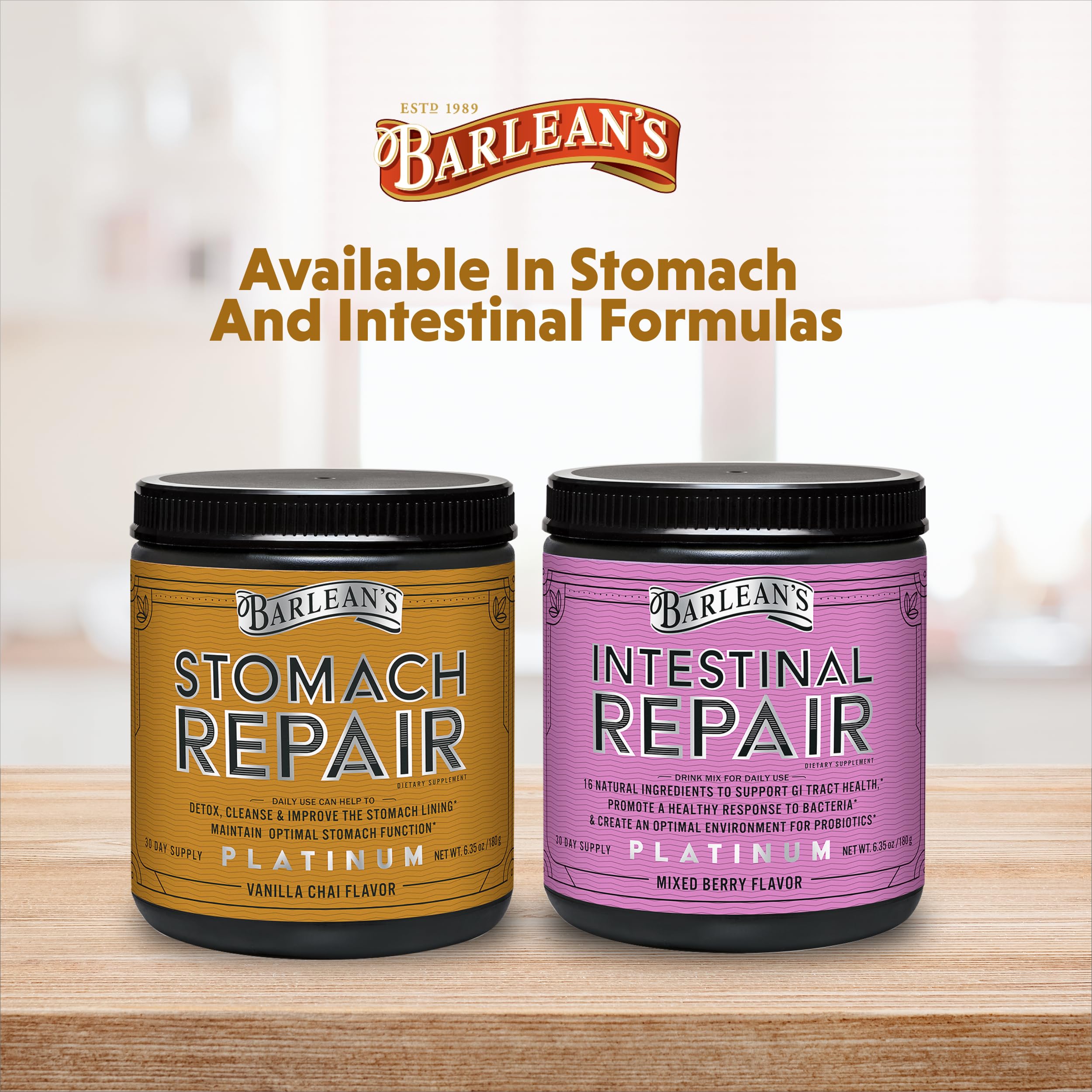 Barlean's Stomach Repair Powder with a measuring spoon