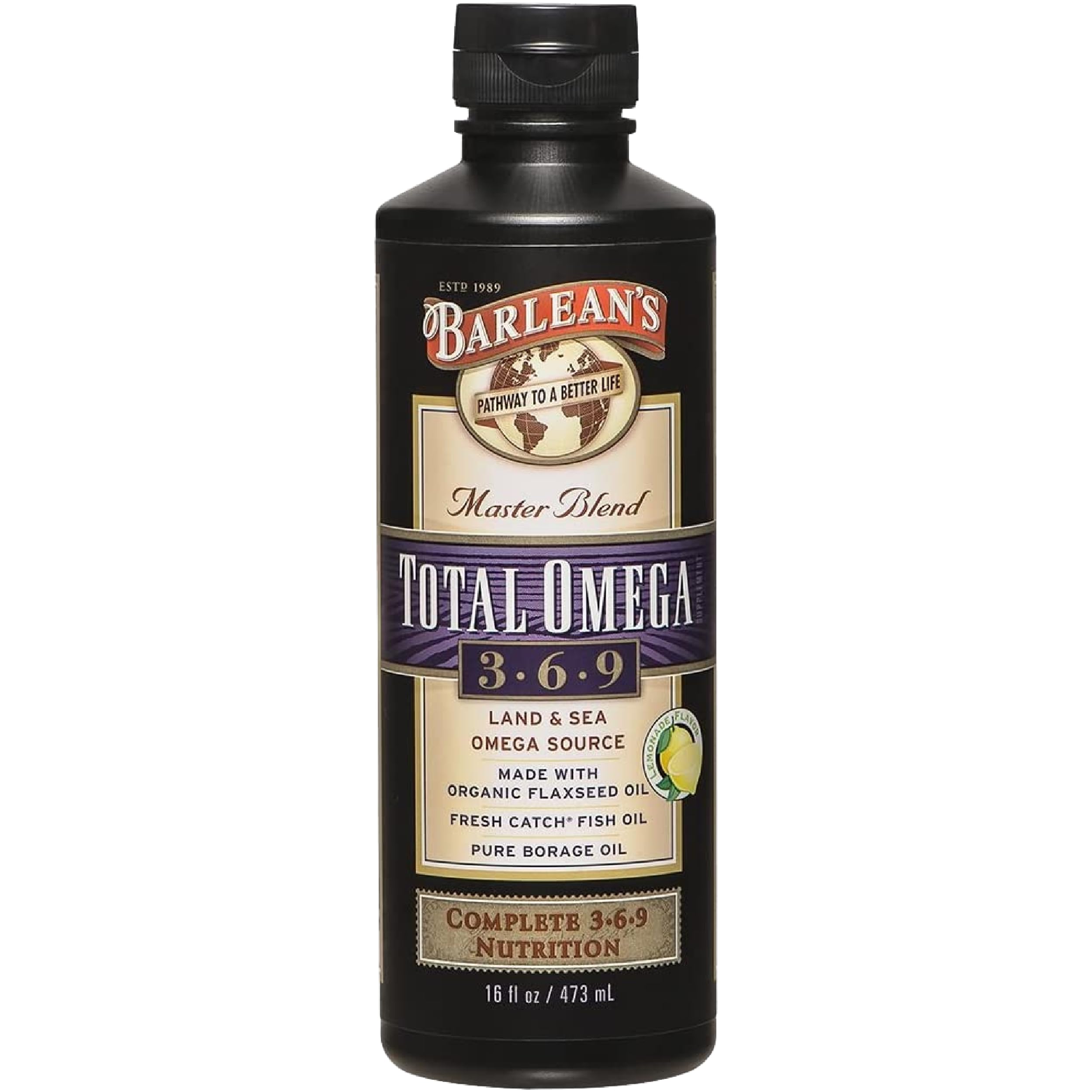 Barlean's Total Omega 3-6-9 Liquid Supplement 481g front view