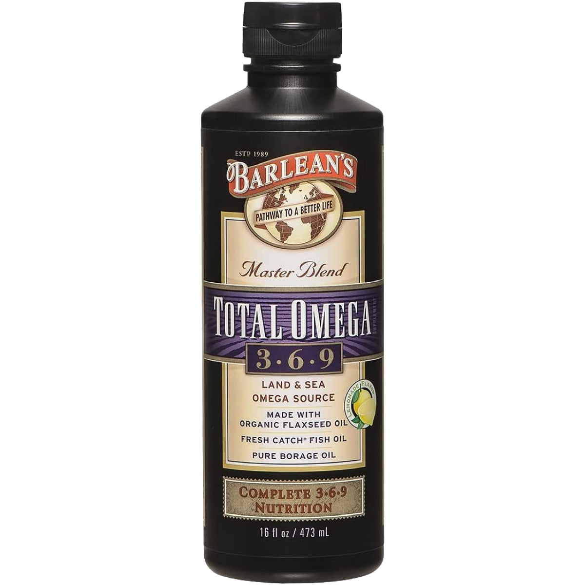 Barlean's Total Omega 3-6-9 Liquid Supplement 481g front view