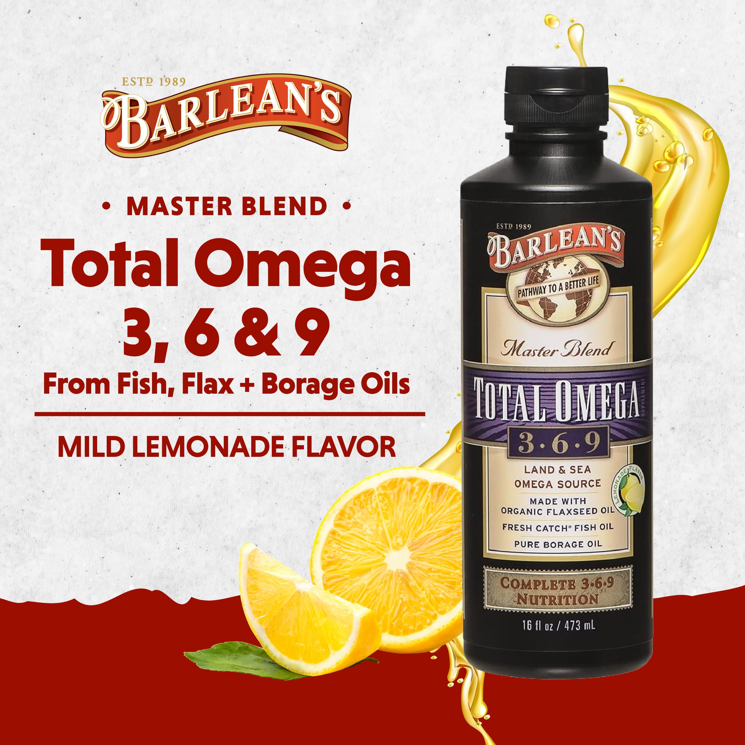 Barlean's Total Omega 3-6-9 Liquid Supplement bottle side view