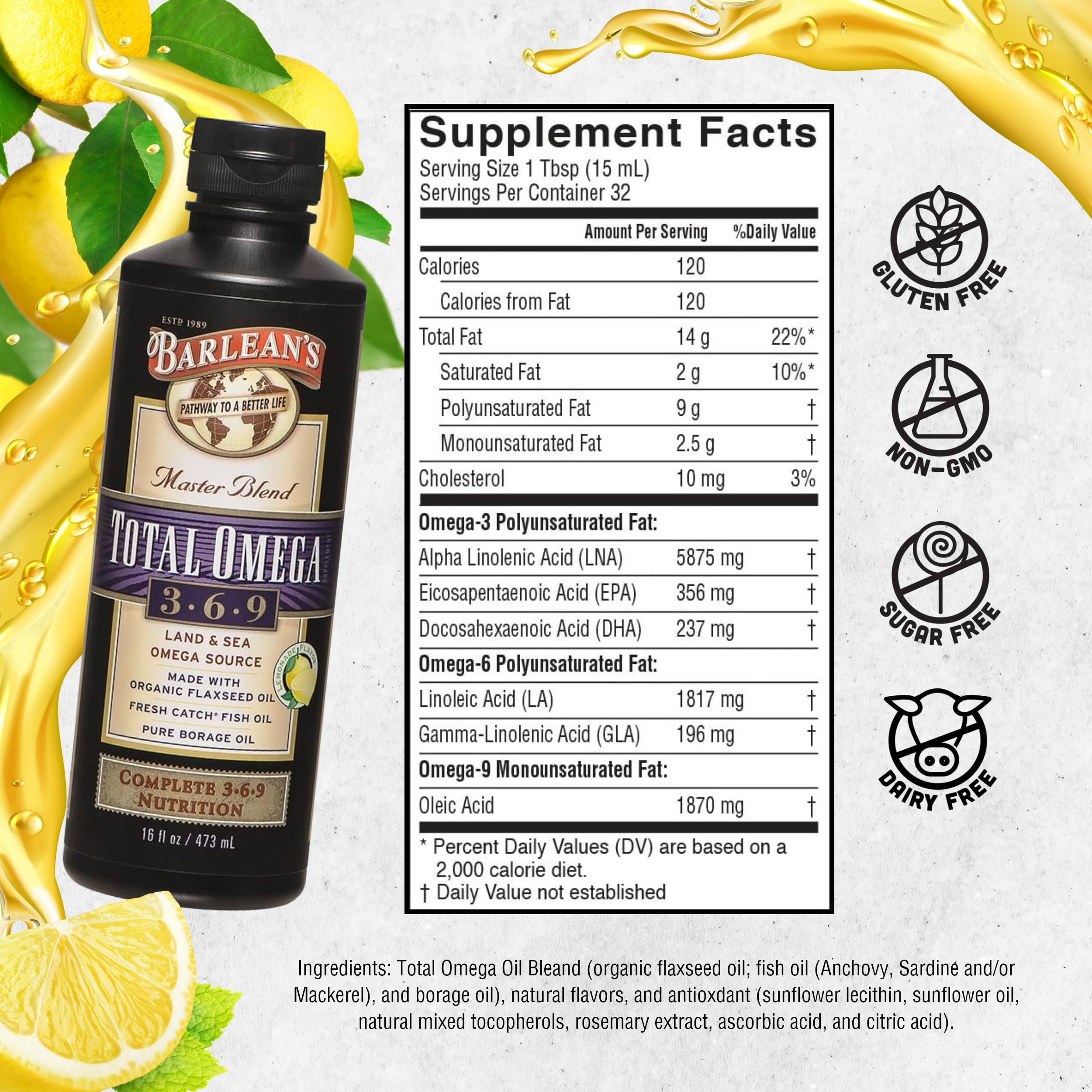Barlean's Total Omega 3-6-9 Liquid Supplement cap open