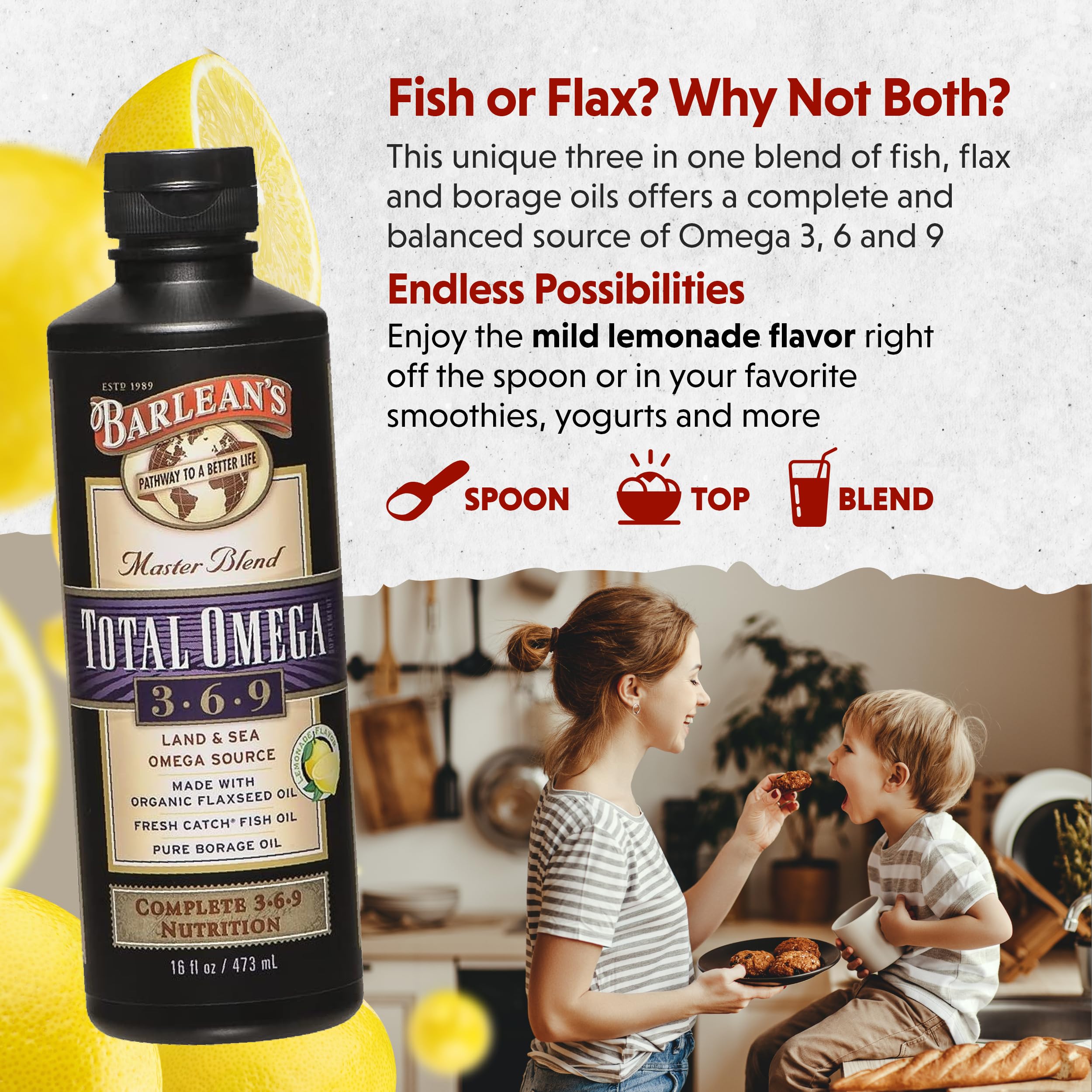 Barlean's Total Omega 3-6-9 Liquid Supplement with a spoon