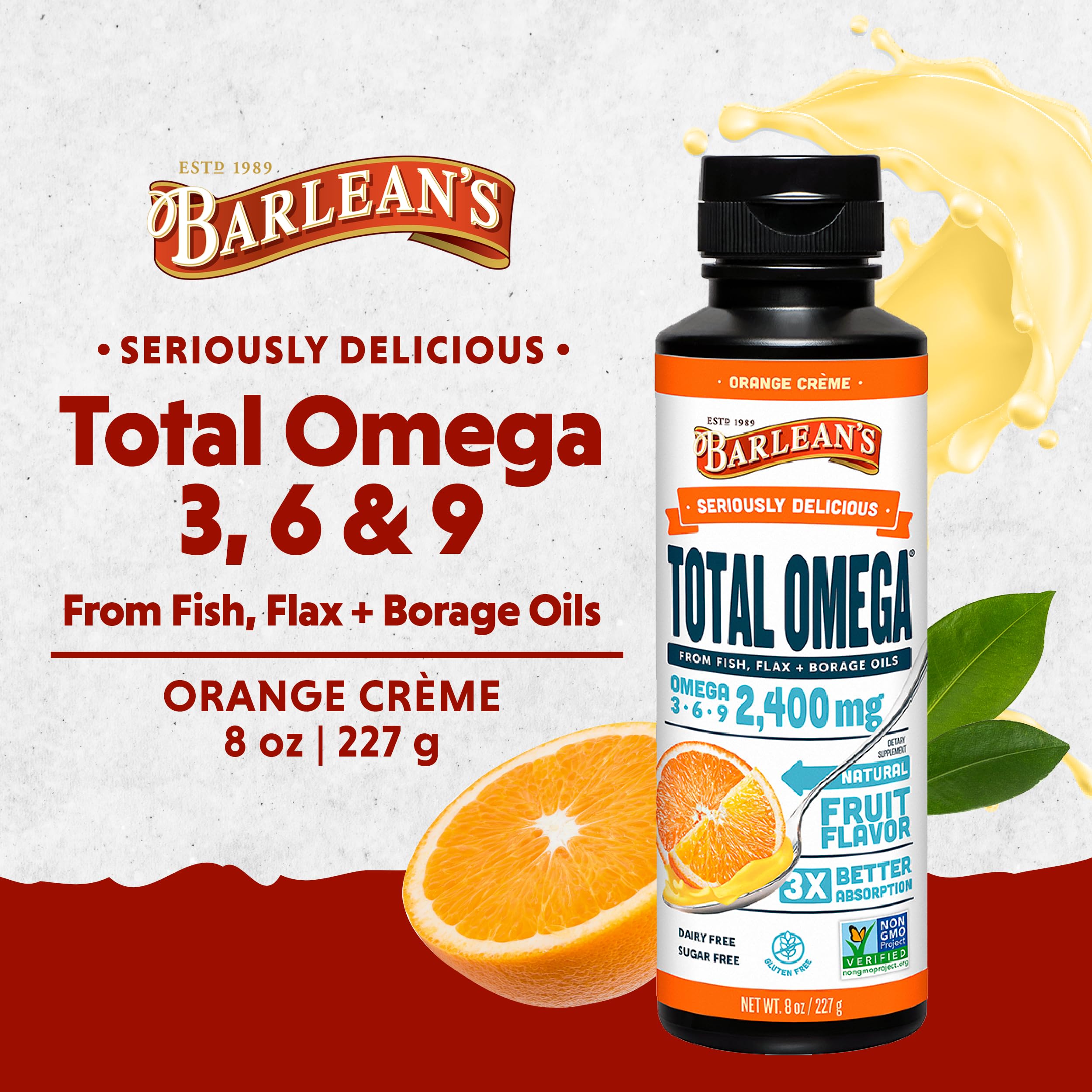 Barlean's Total Omega Liquid Flax and Fish Oil 259g bottle side view