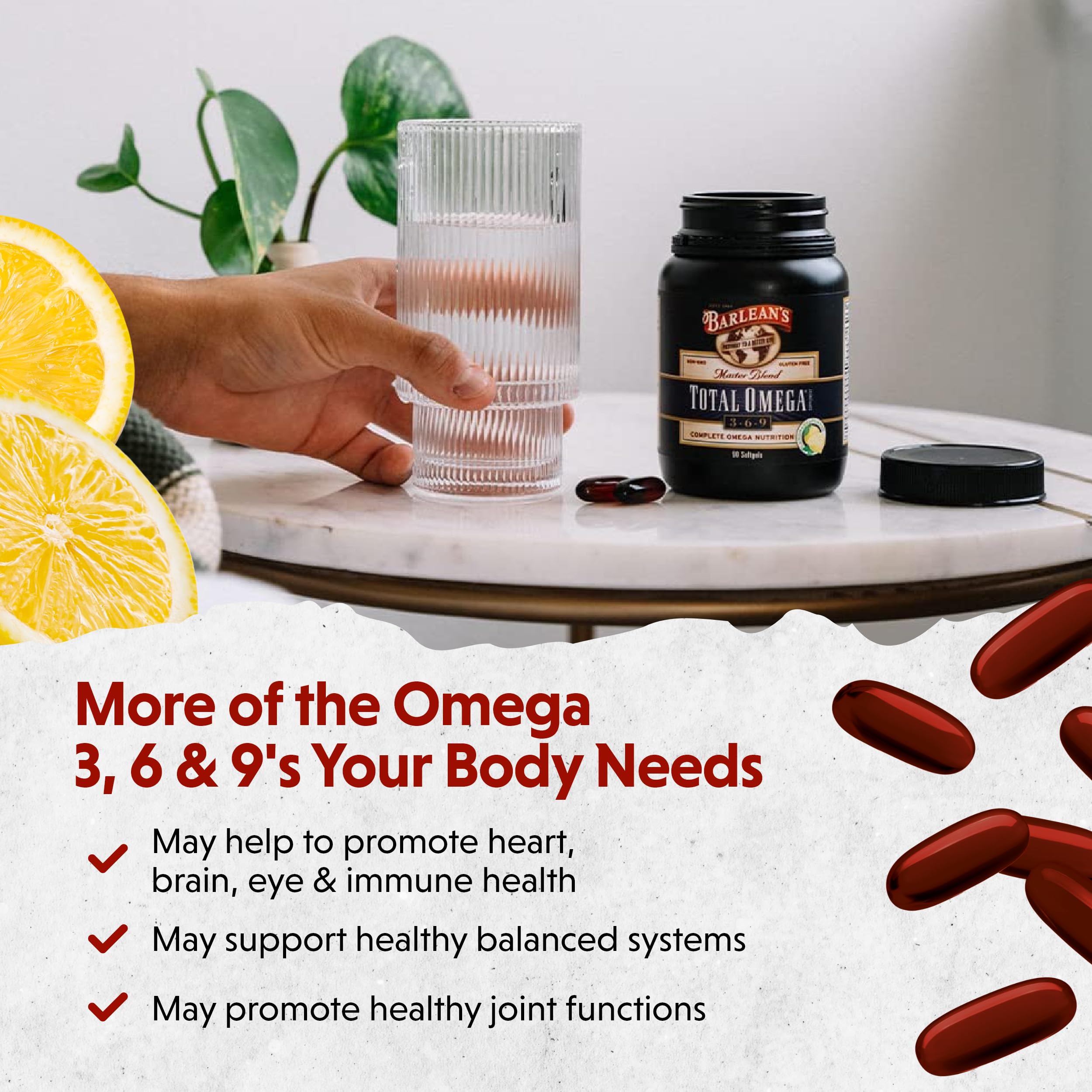 Barlean's Total Omega Softgels on a wooden table