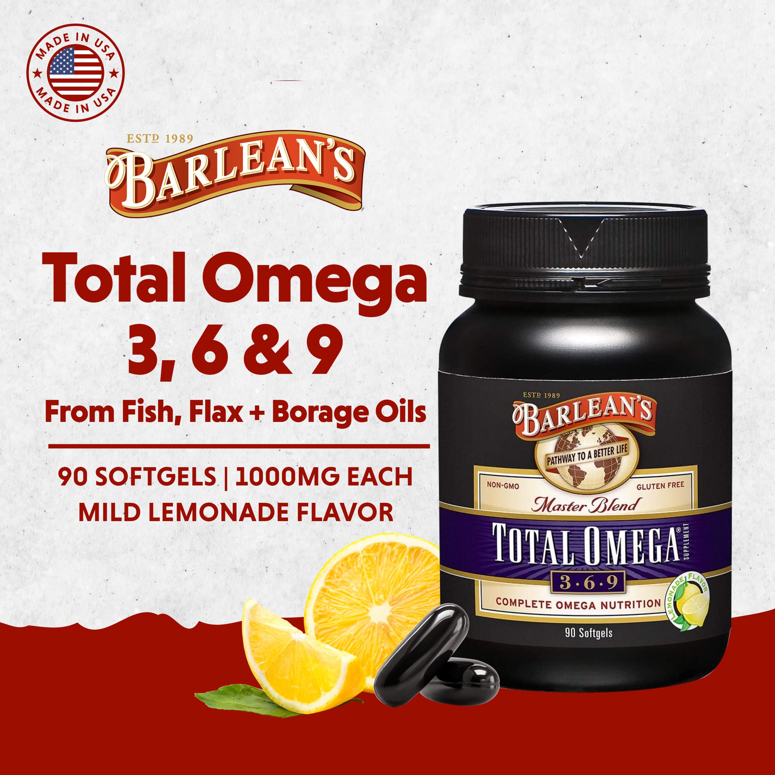 Barlean's Total Omega Softgels packaging side view