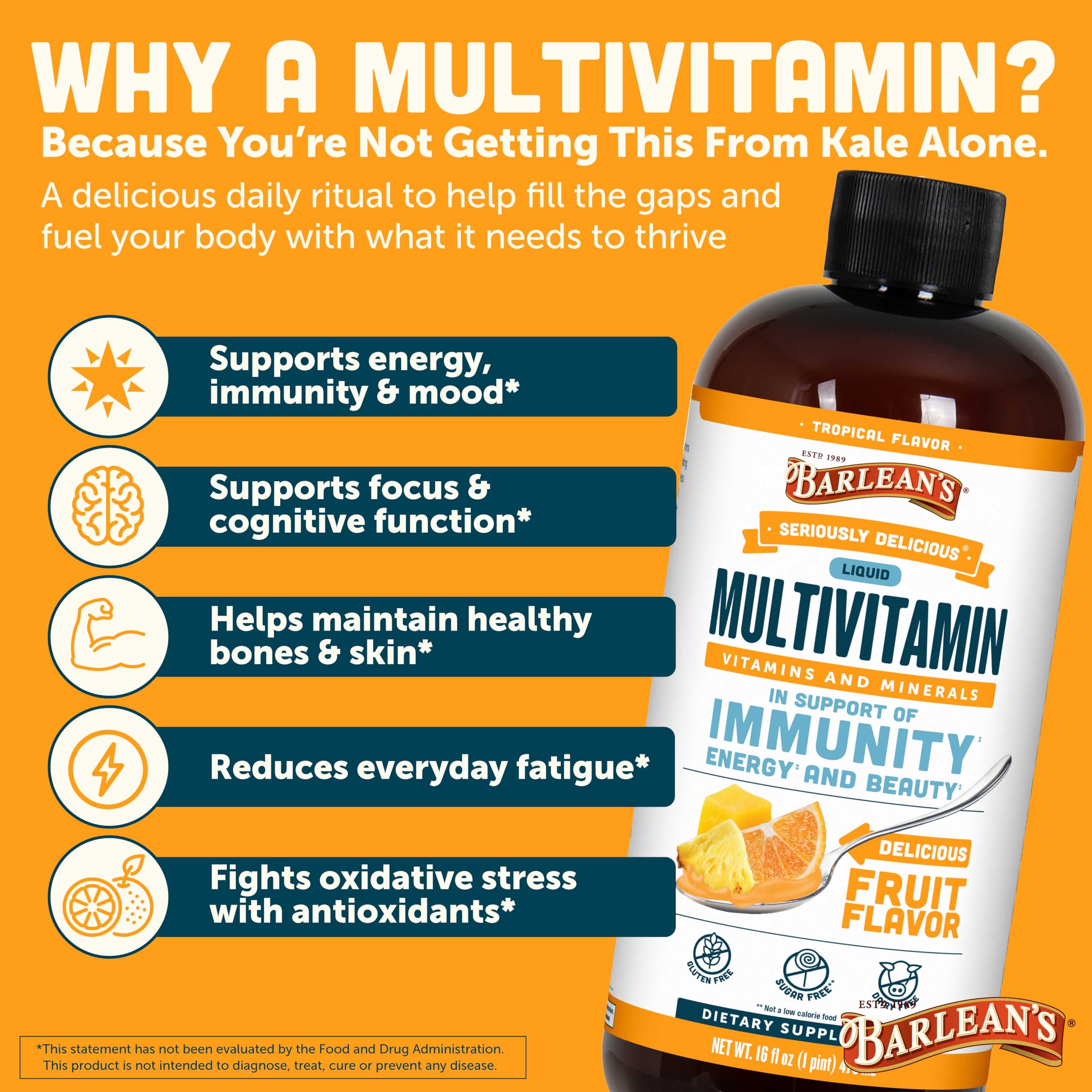 Barlean's Tropical Multivitamin Supplement in a bowl with fruit