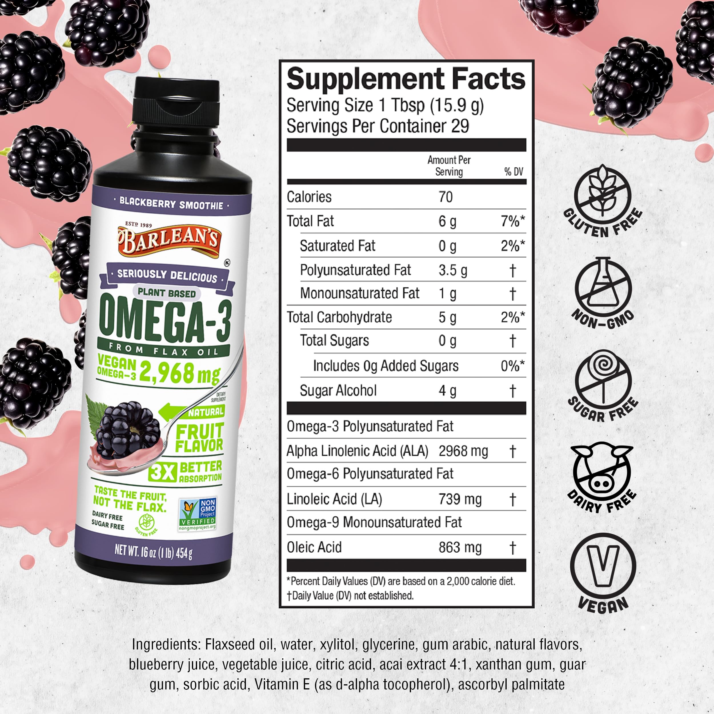 Barlean's Vegan Flax Oil 454g pouring into a spoon