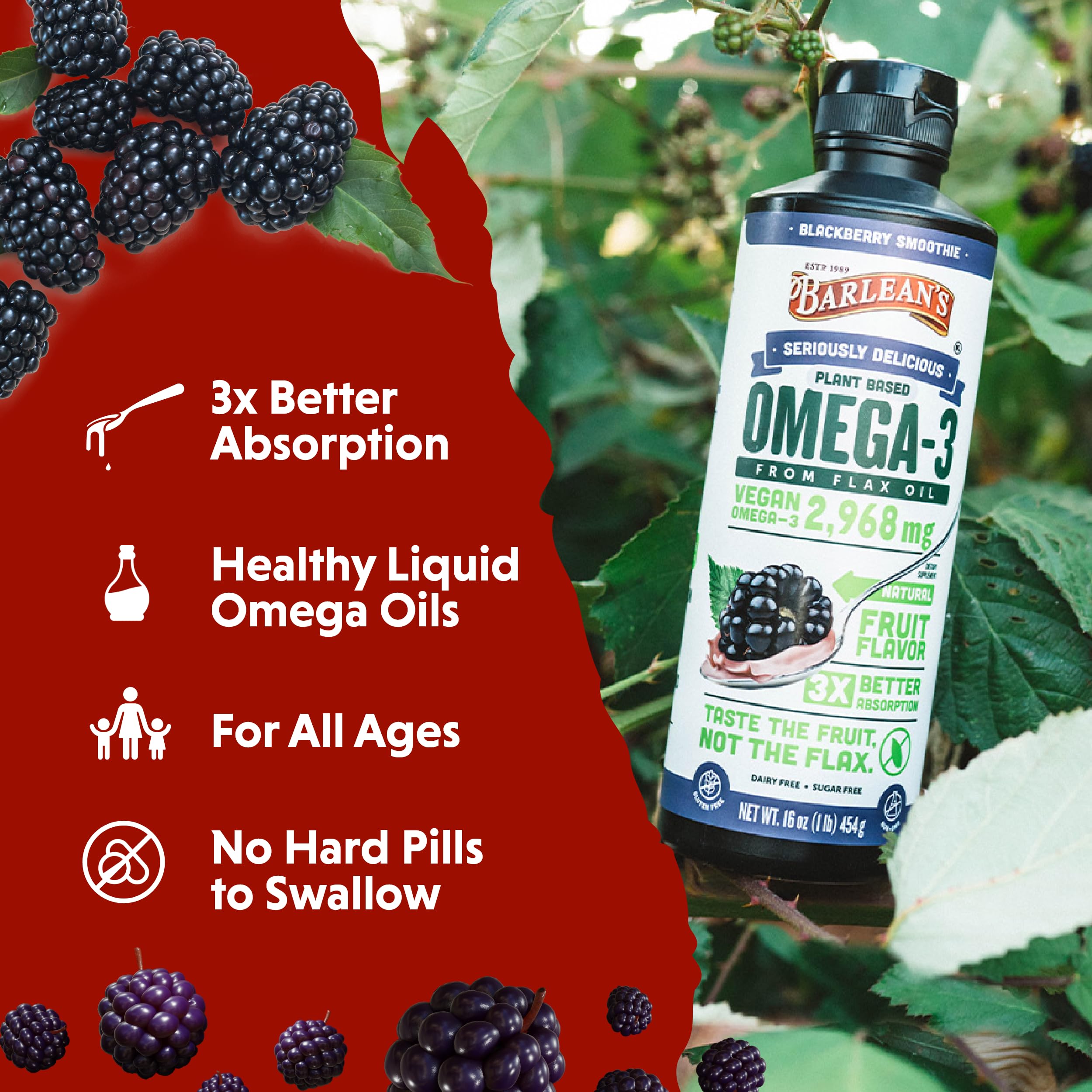 Barlean's Vegan Flax Oil 454g side view showing packaging details