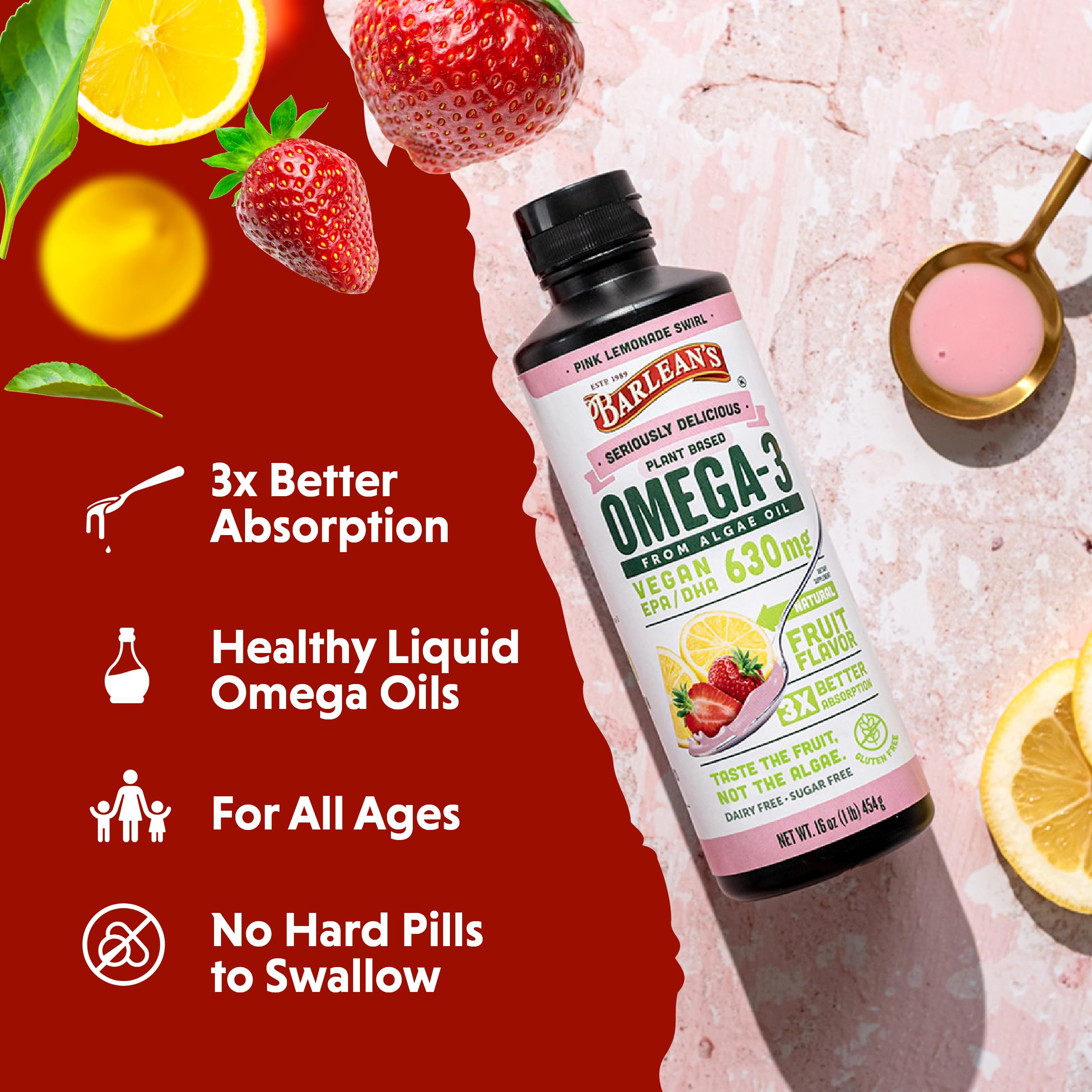 Barlean's Vegan Omega-3 Algae Oil 454g packaging on a table