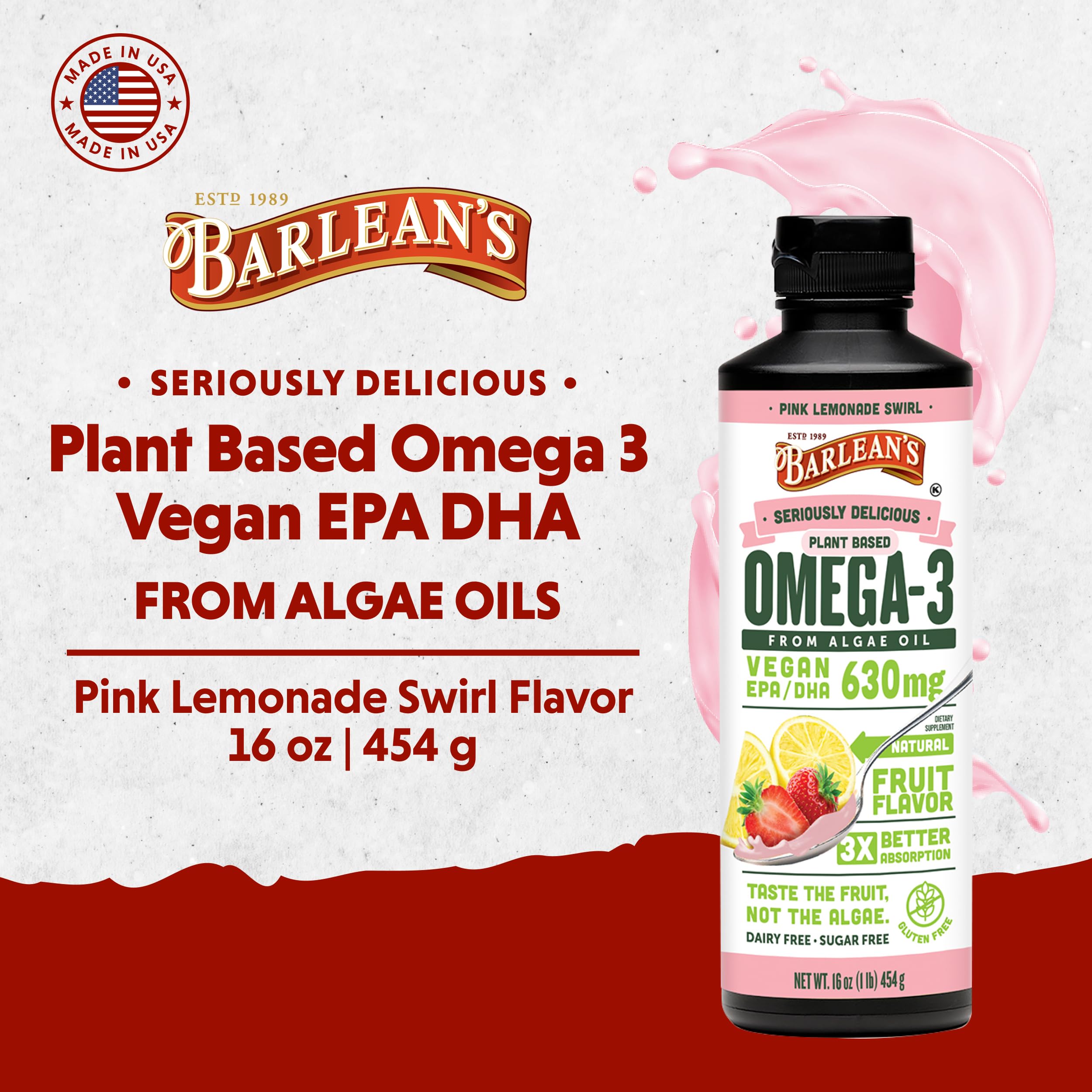 Barlean's Vegan Omega-3 Algae Oil 454g side view