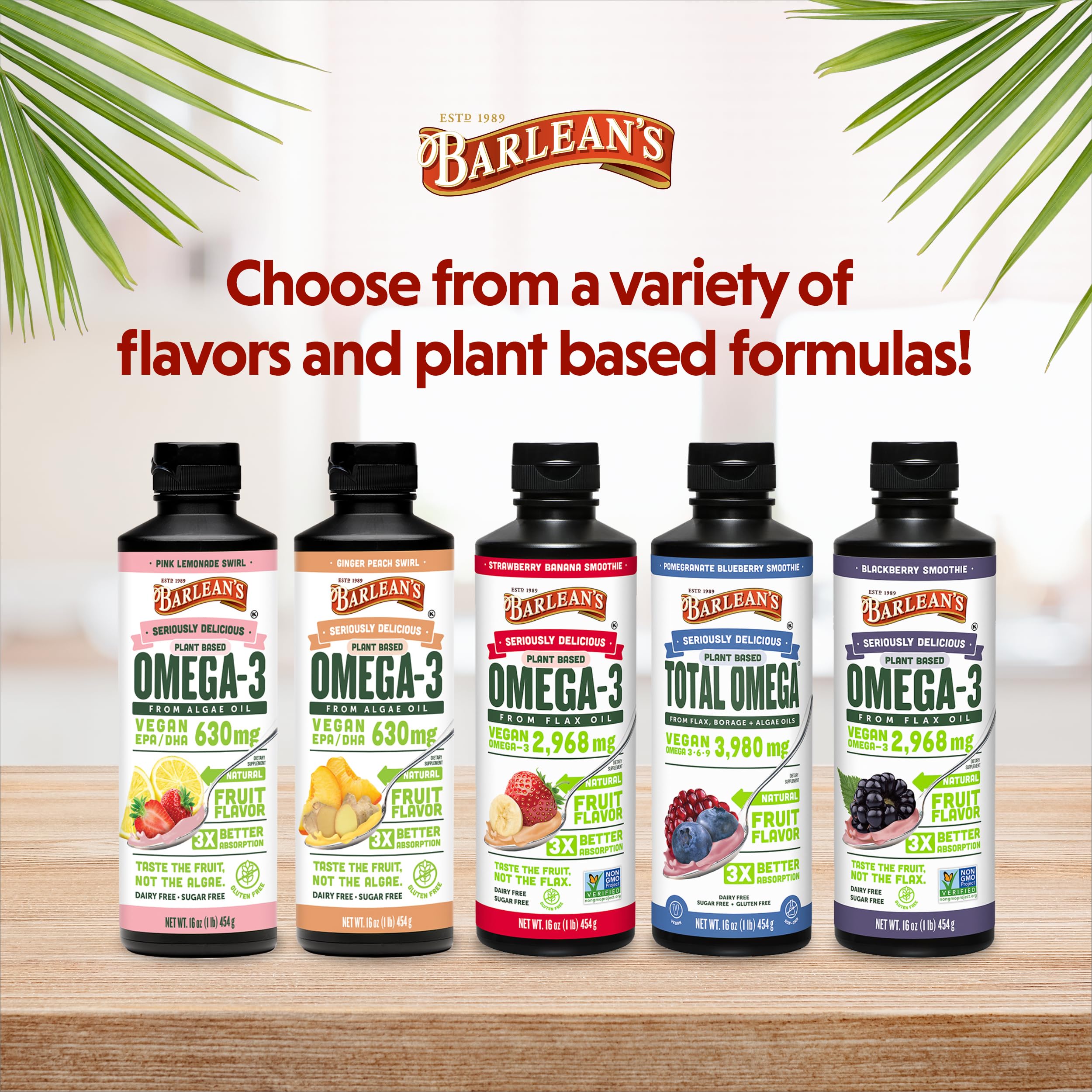 Barlean's Vegan Omega-3 Algae Oil lifestyle scene with fruits