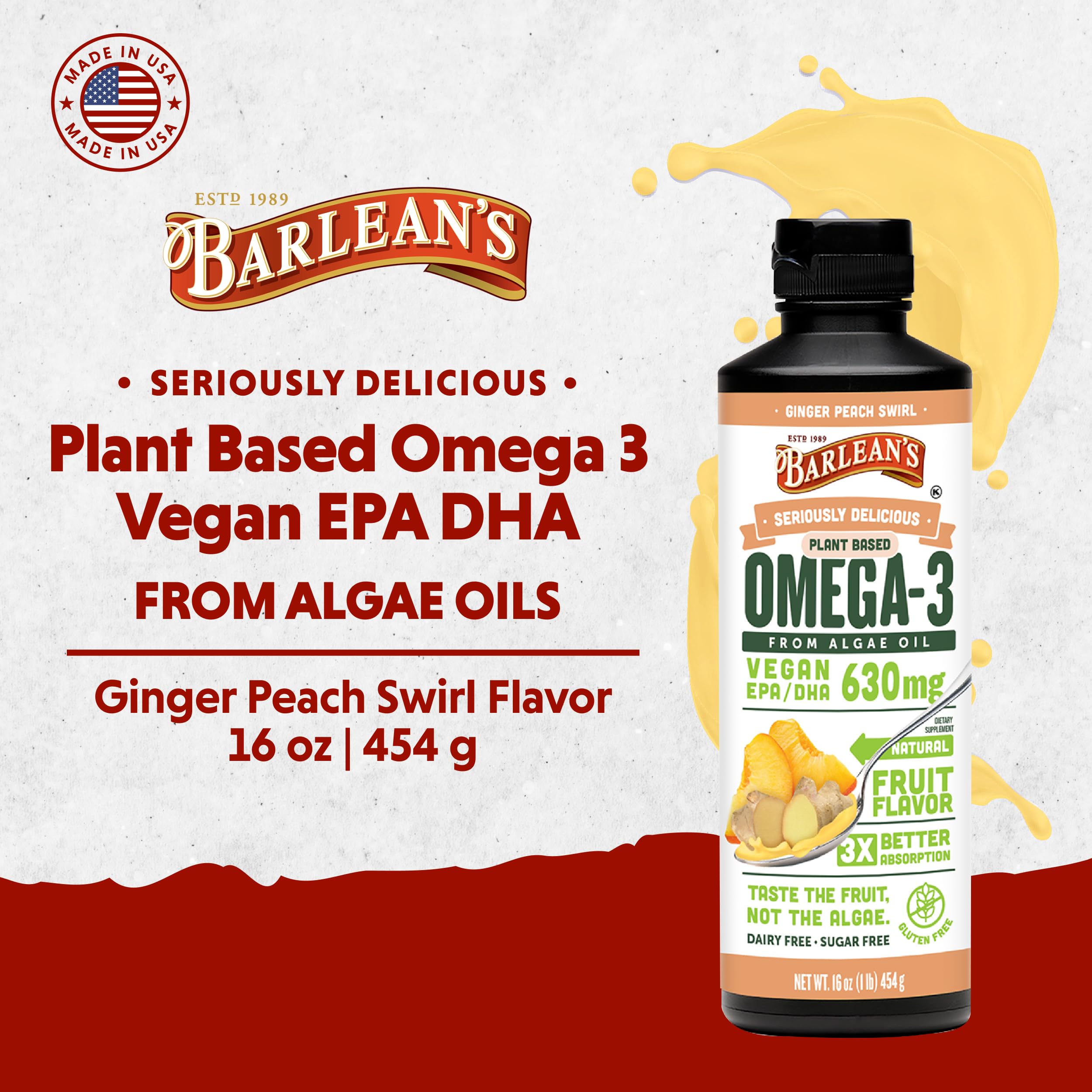Barlean's Vegan Omega-3 Algae Oil packaging with label details
