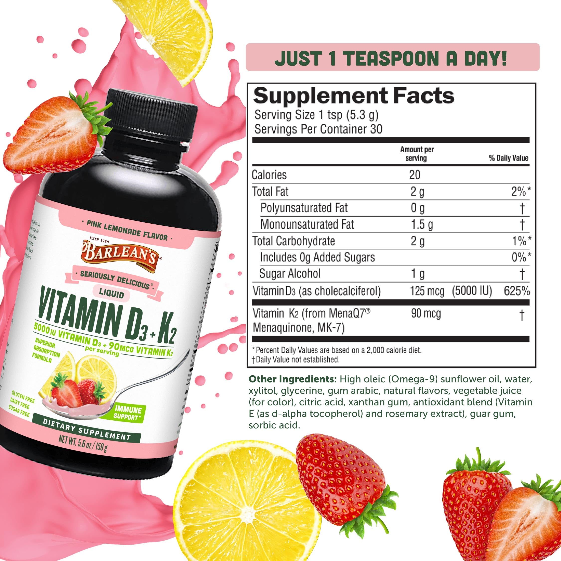 Barlean's Vitamin D3+K2 bottle side view showing label