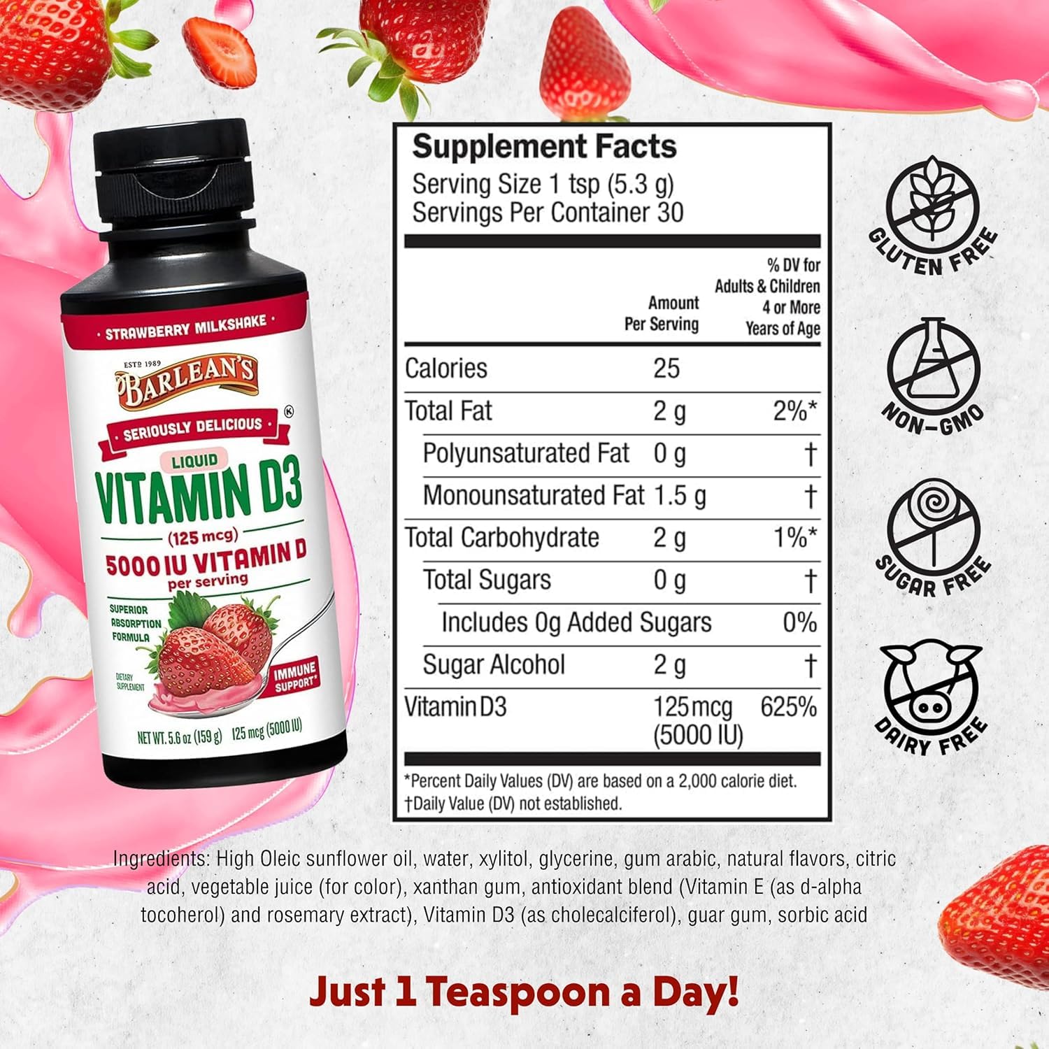 Barlean's Vitamin D3 Liquid Supplement 5000 IU Strawberry Milkshake bottle side view