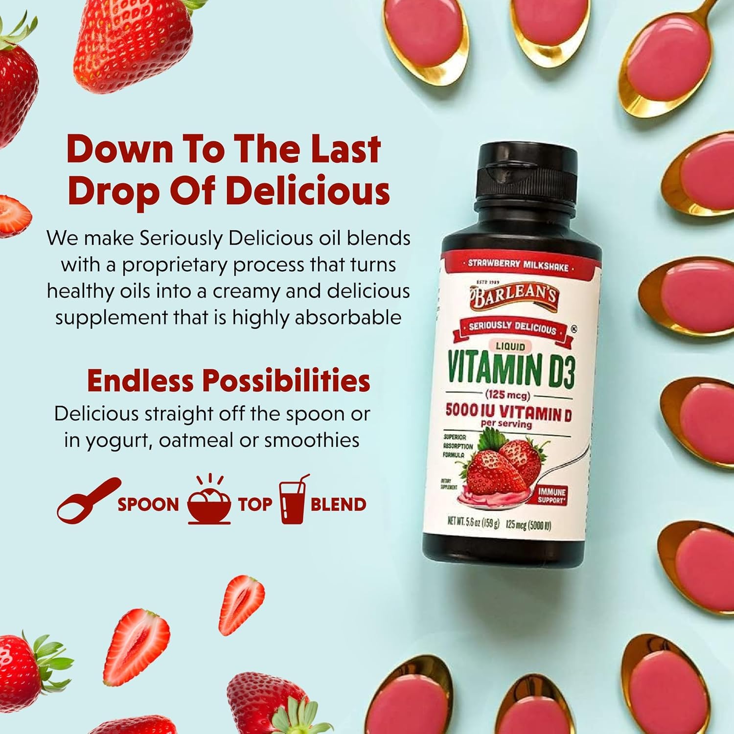Barlean's Vitamin D3 Liquid Supplement 5000 IU Strawberry Milkshake close-up of label