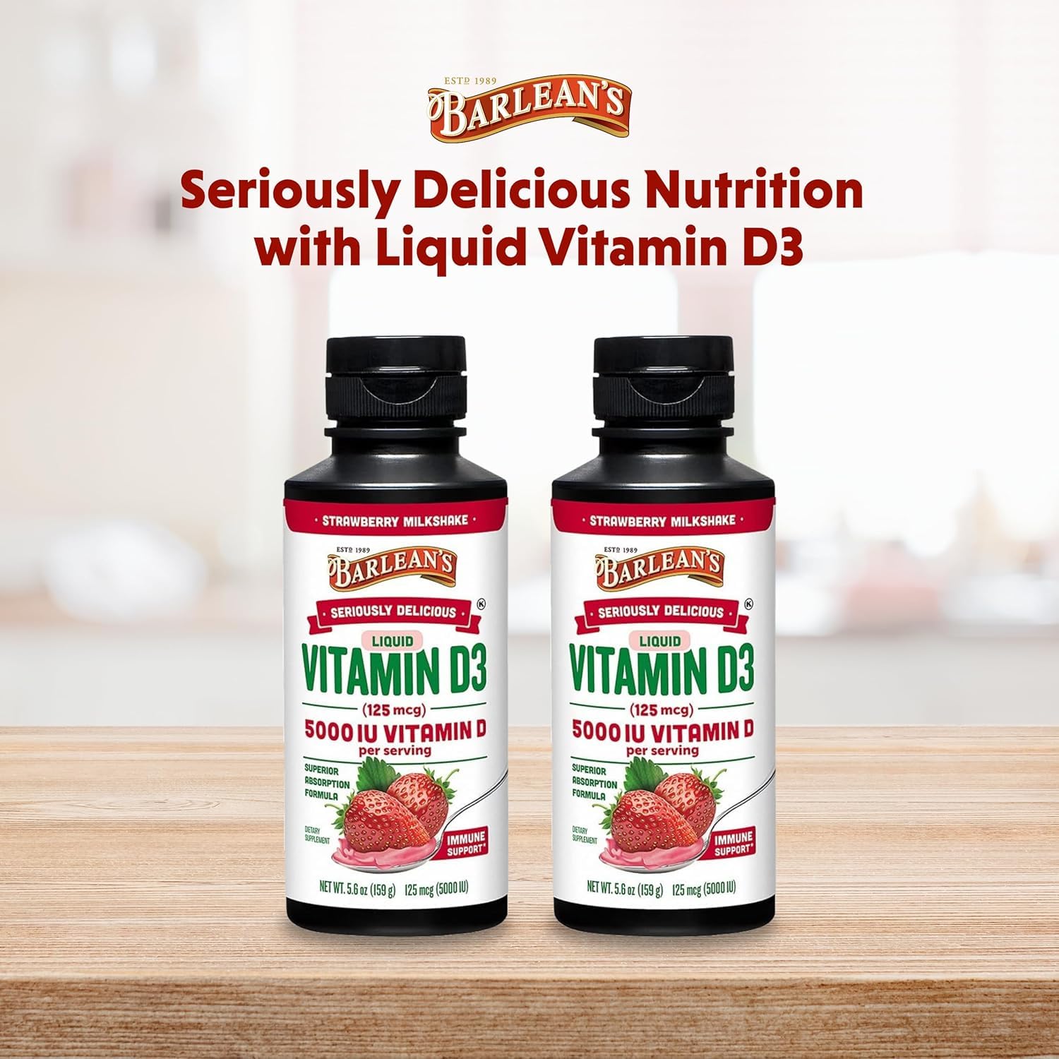 Barlean's Vitamin D3 Liquid Supplement 5000 IU Strawberry Milkshake lifestyle scene