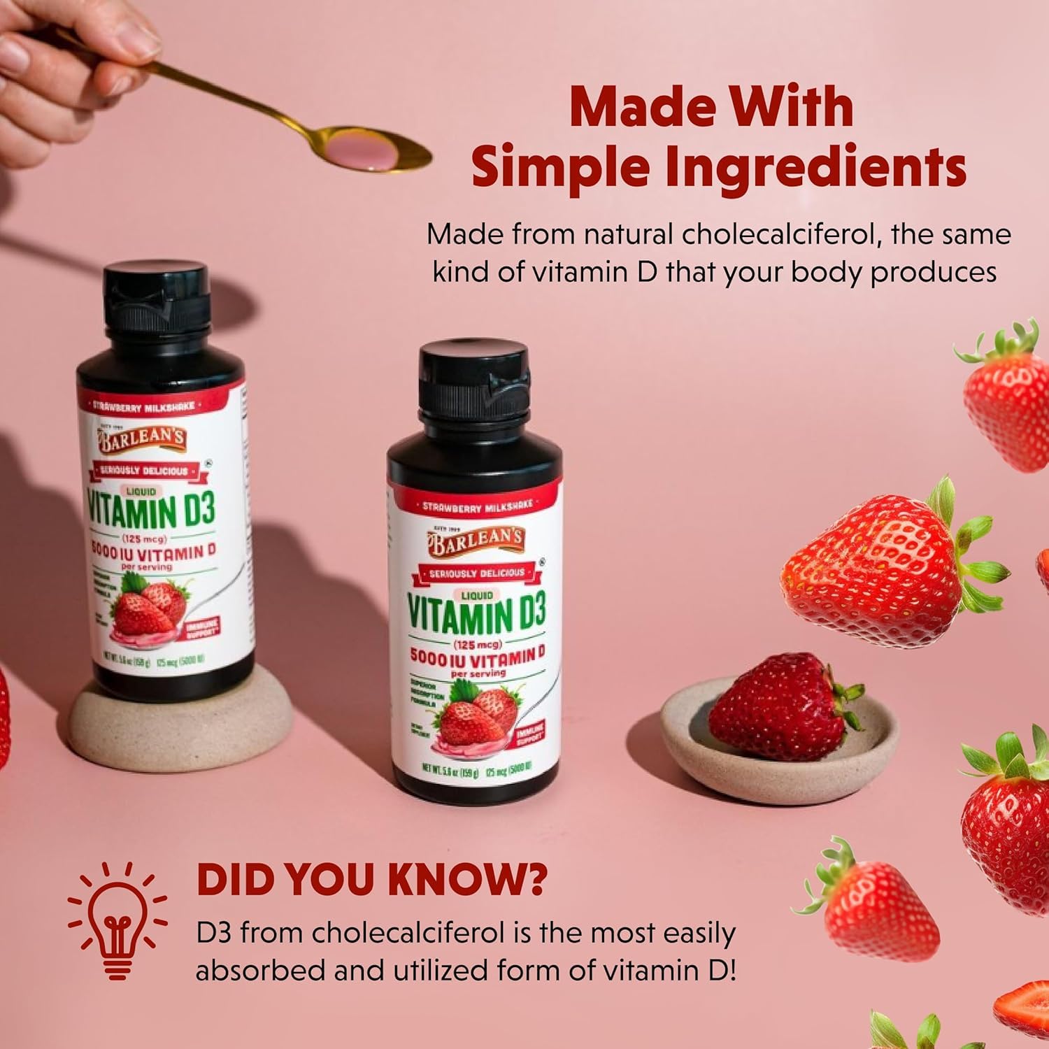 Barlean's Vitamin D3 Liquid Supplement 5000 IU Strawberry Milkshake with spoon