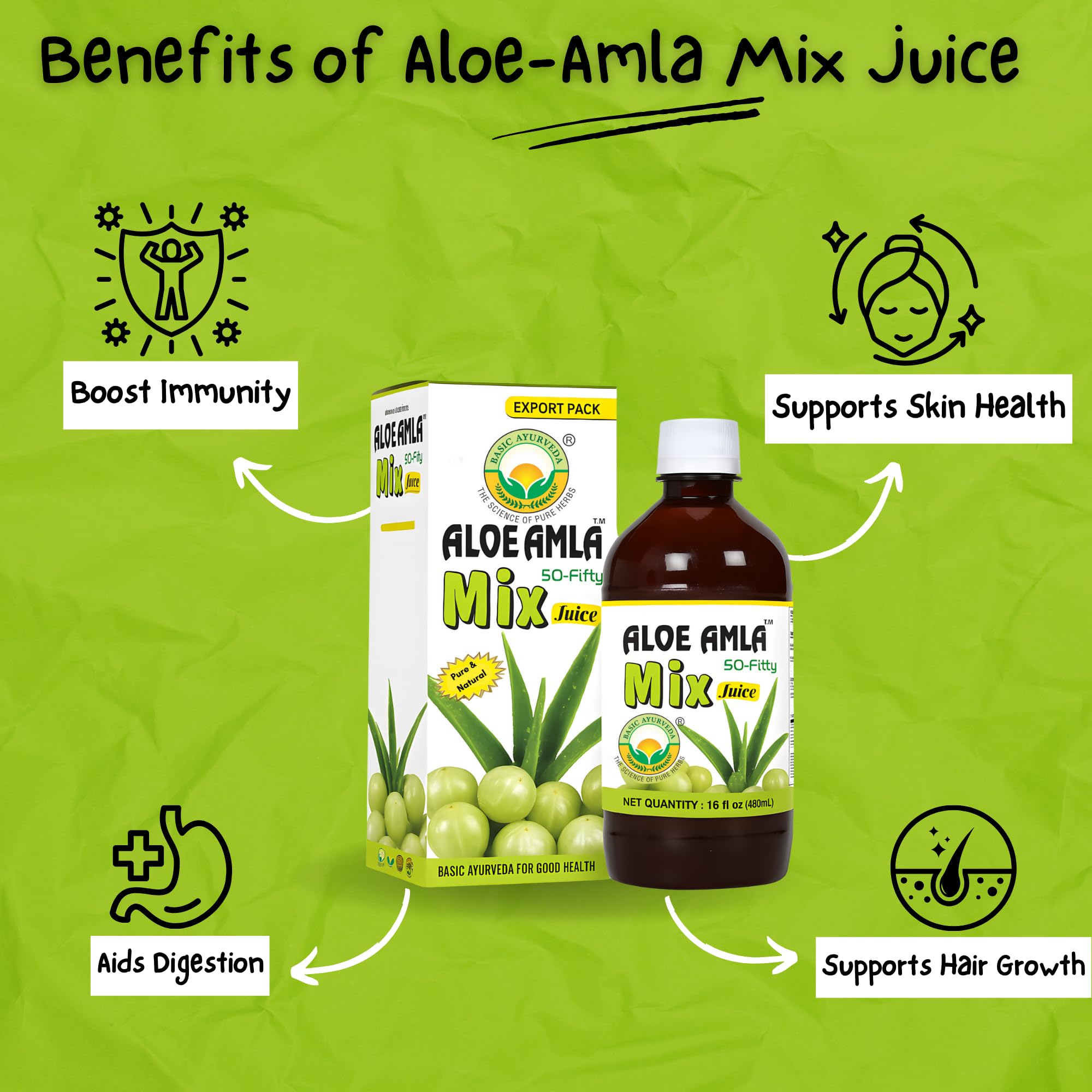 BASIC AYURVEDA Aloe Vera & Amla Herbal Mix Juice 480ml bottle with cap