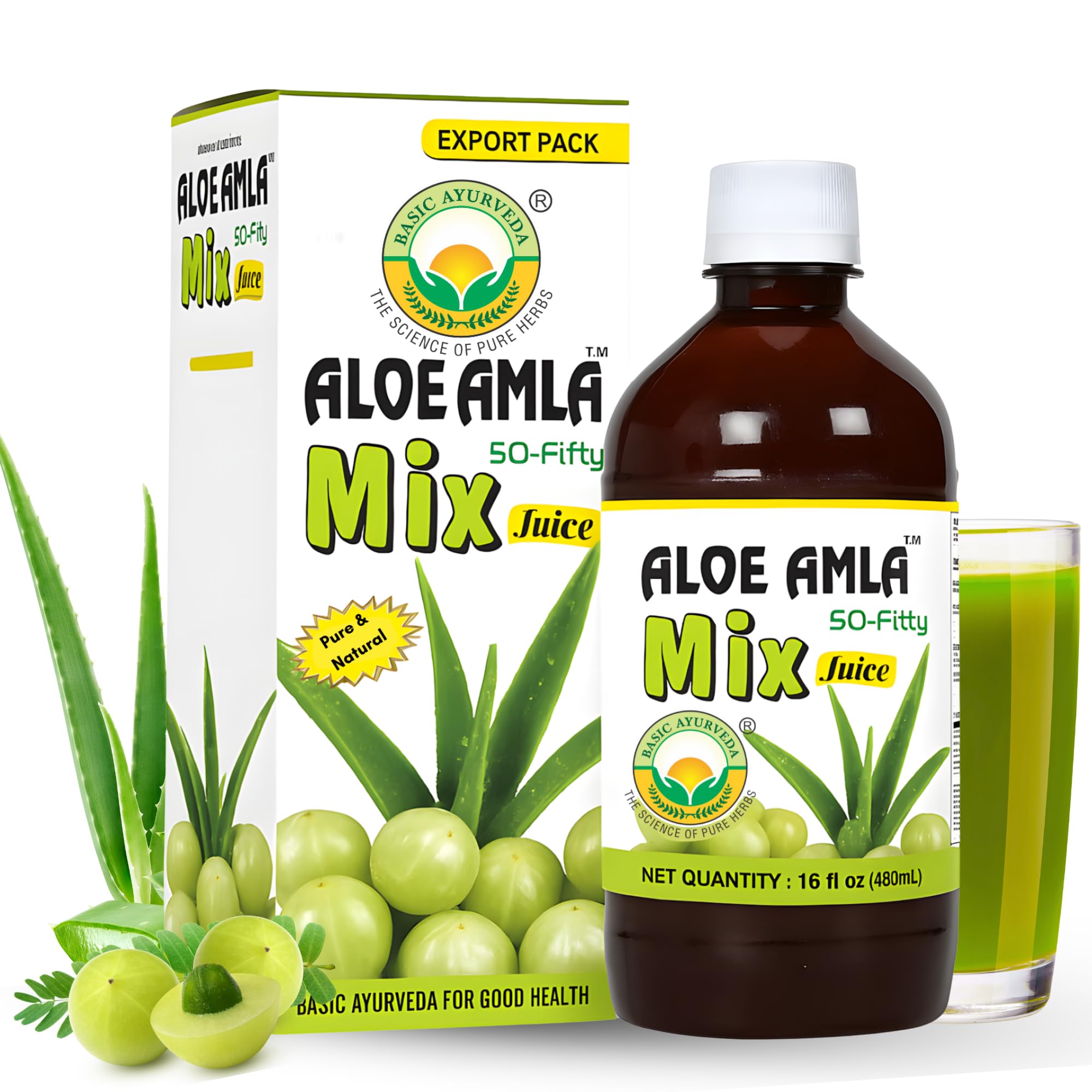 BASIC AYURVEDA Aloe Vera & Amla Herbal Mix Juice 480ml front view