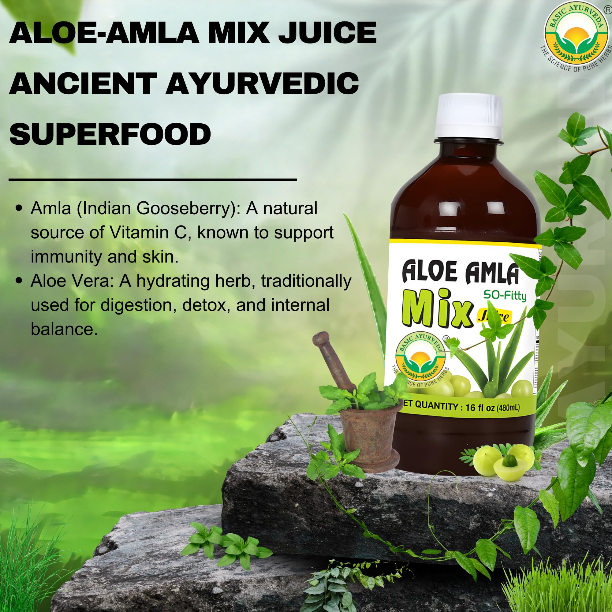 BASIC AYURVEDA Aloe Vera & Amla Herbal Mix Juice 480ml in a glass