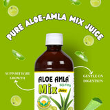 BASIC AYURVEDA Aloe Vera & Amla Herbal Mix Juice 480ml on a wooden table