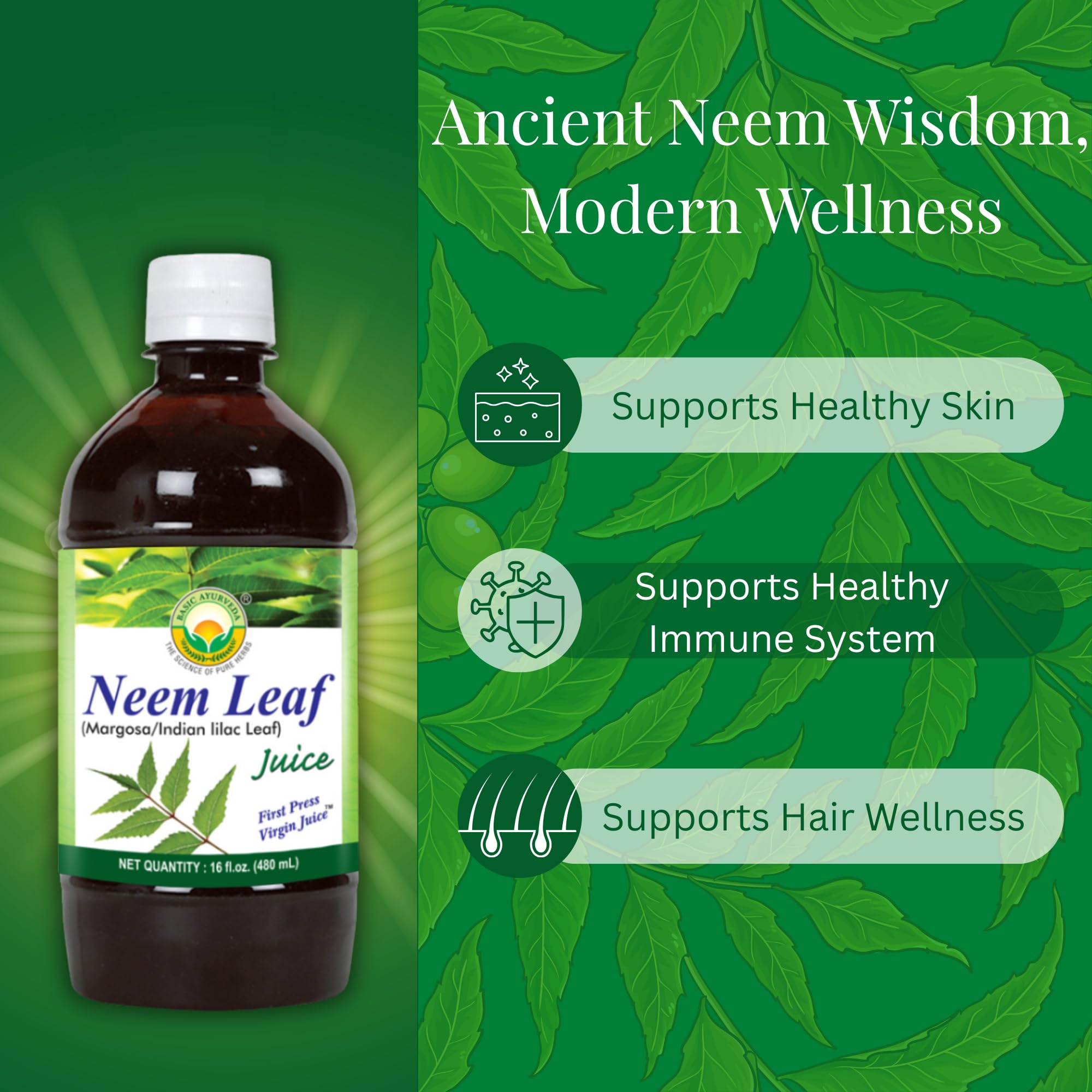 BASIC AYURVEDA Neem Juice 550g bottle on a wooden table