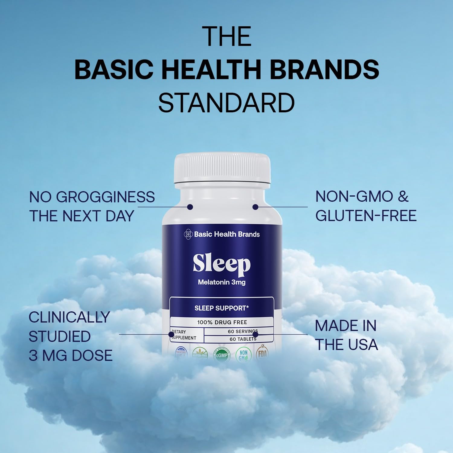 Basic Brands Sleep Melatonin 3mg fast-dissolve tablet close-up