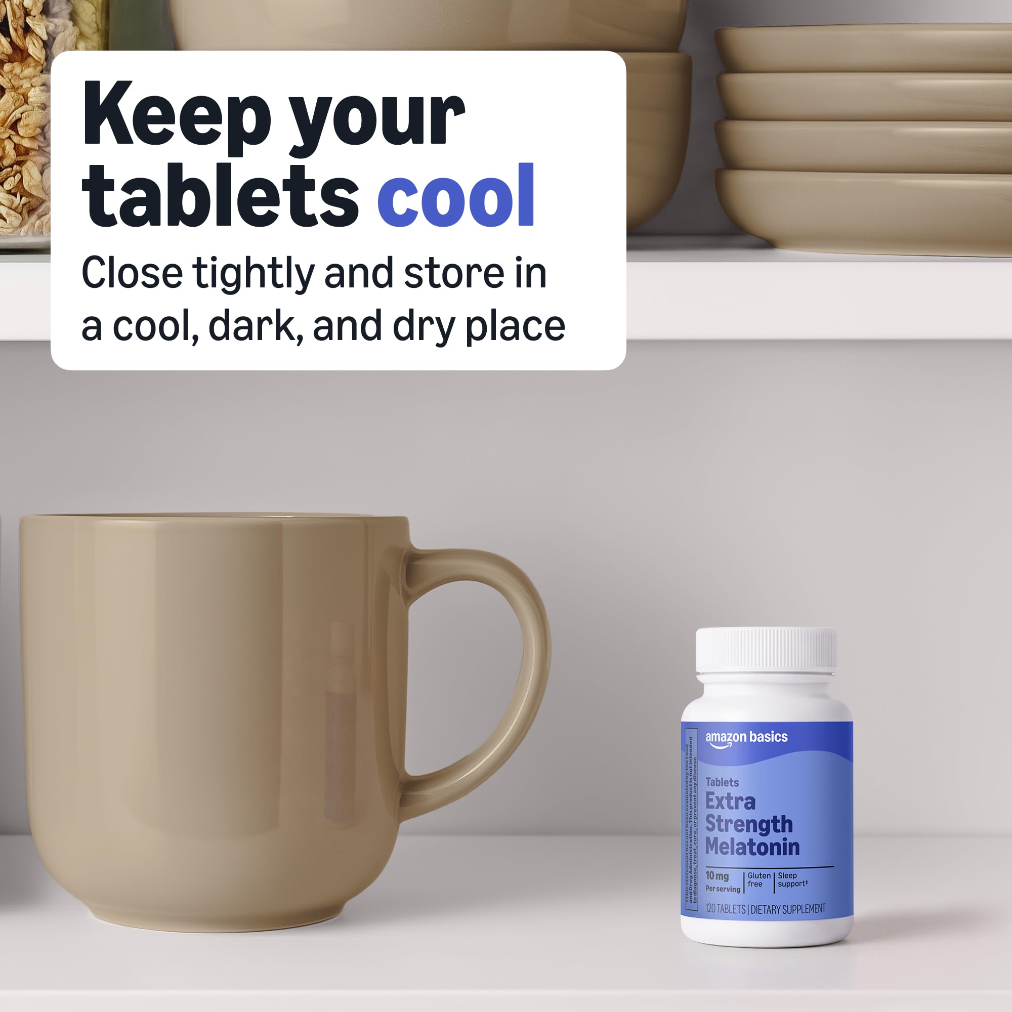 Basics Extra Strength Melatonin Tablets open bottle showing tablets