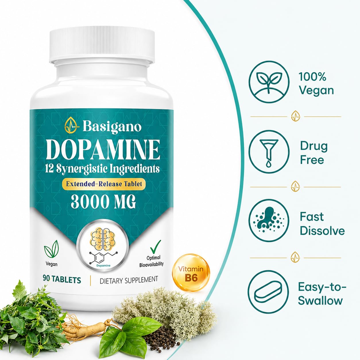 Basigano Dopamine Supplements back view with ingredient list
