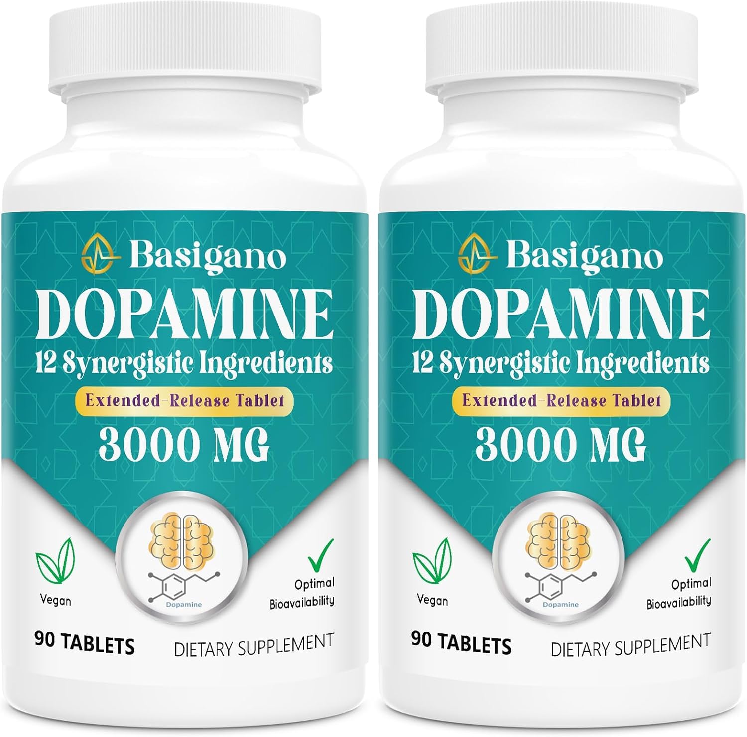 Basigano Dopamine Supplements front view with 12 ingredients