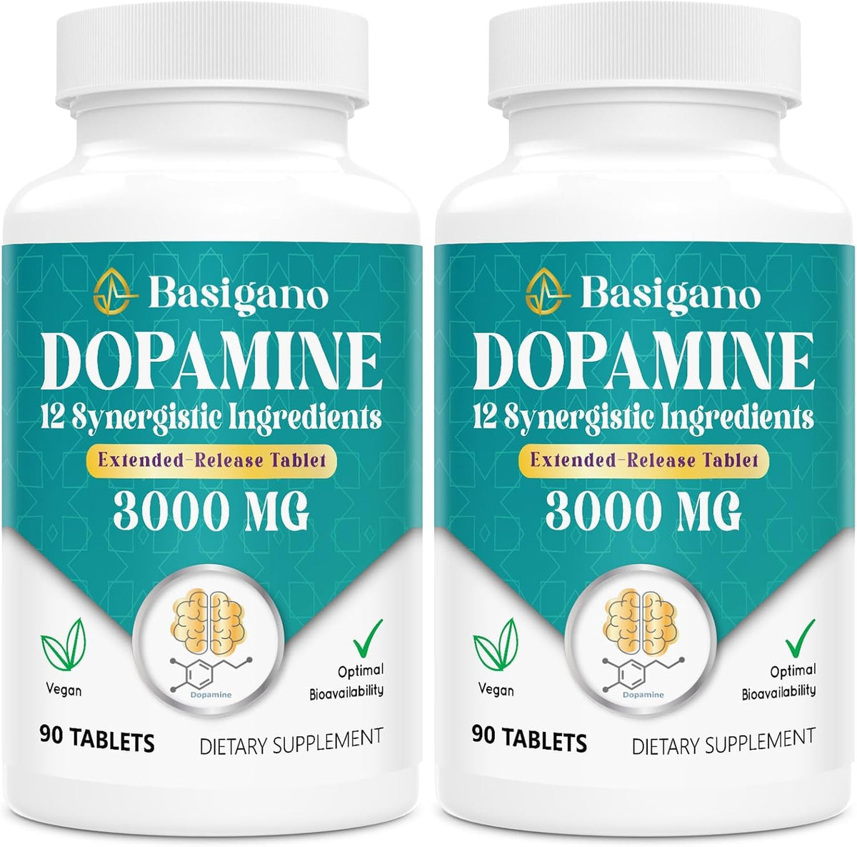 Basigano Dopamine Supplements front view with 12 ingredients