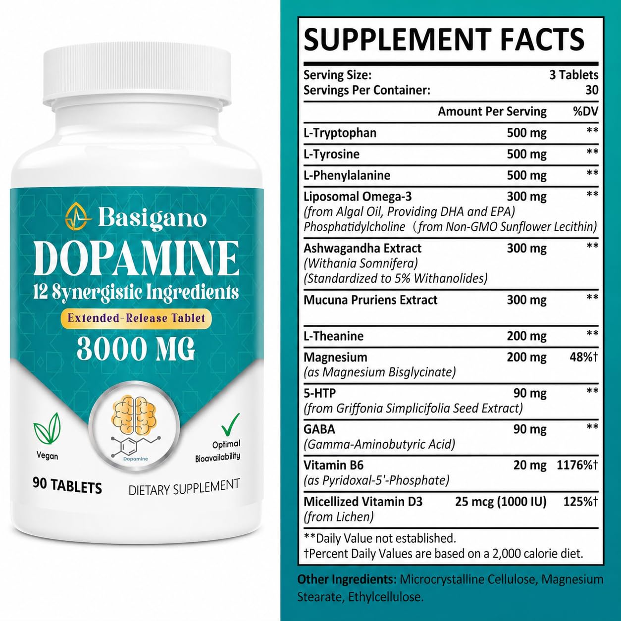 Basigano Dopamine Supplements side view showing capsule details