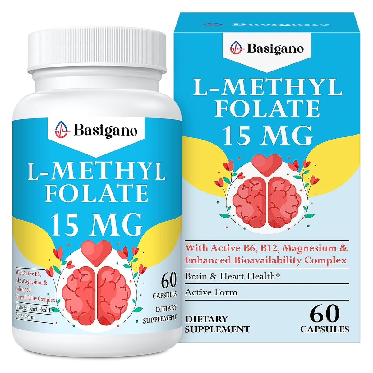 Basigano L-Methylfolate 15mg supplement bottle front view
