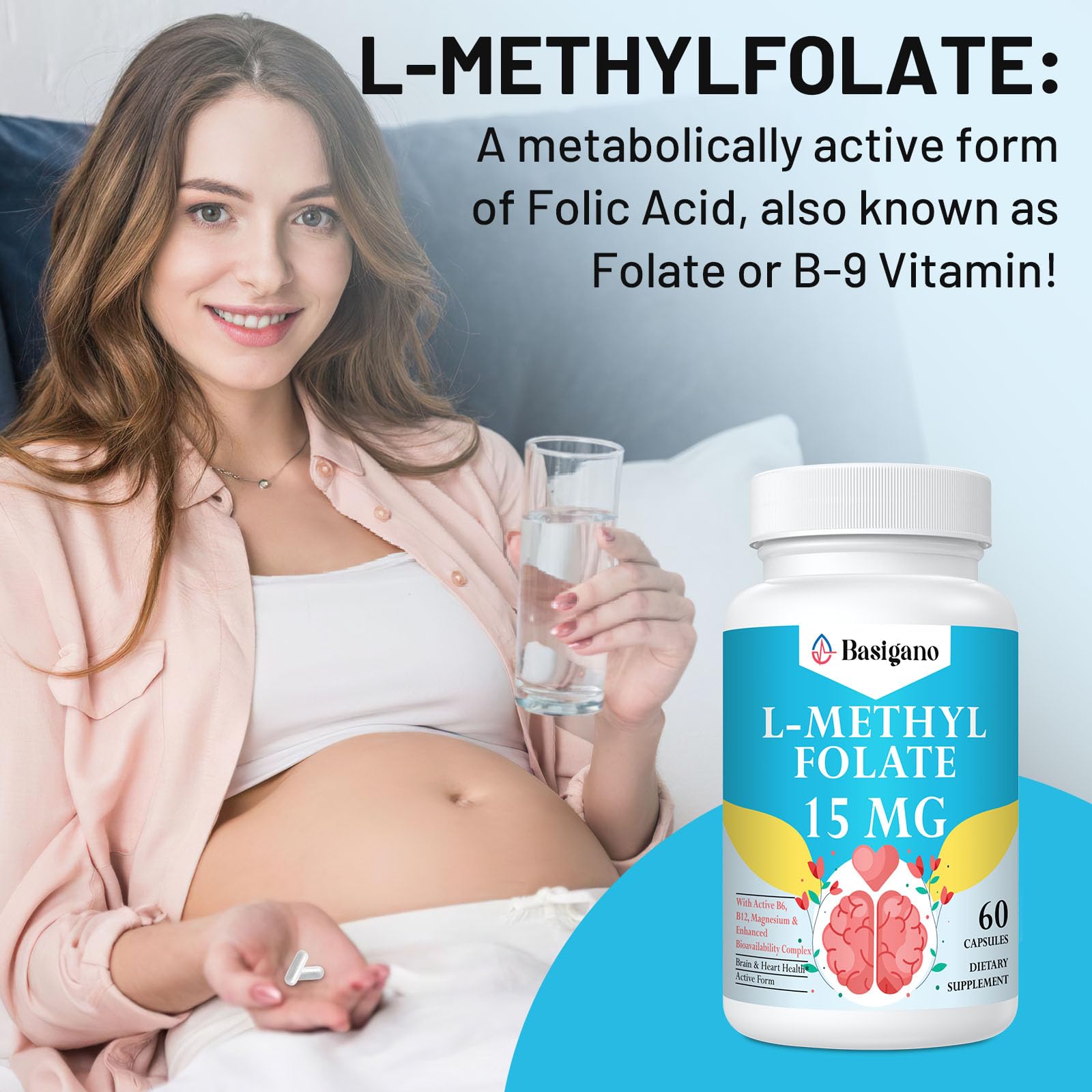 Basigano L-Methylfolate 15mg supplement bottle side view