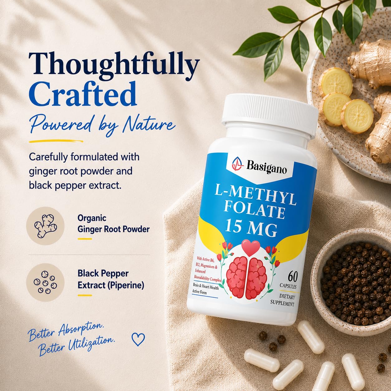 Basigano L-Methylfolate 15mg supplement capsule on a wooden table