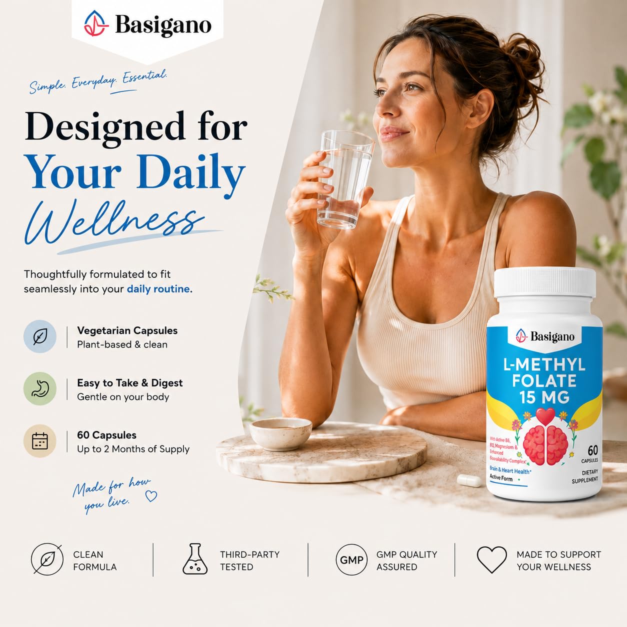 Basigano L-Methylfolate 15mg supplement with measuring spoon