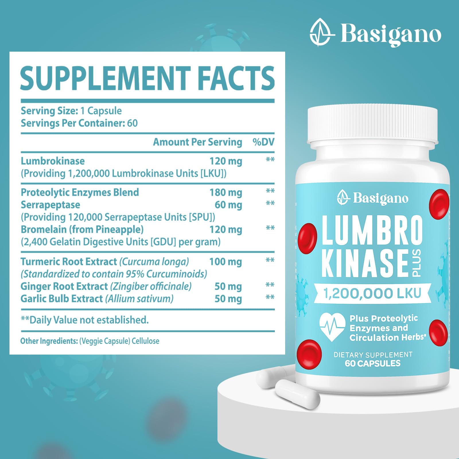 Basigano Lumbrokinase Multi-Enzyme Supplement 120mg back view with ingredients
