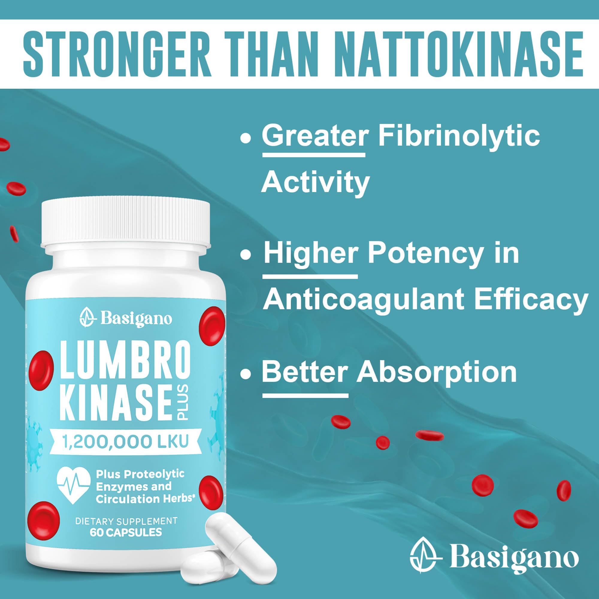 Basigano Lumbrokinase Multi-Enzyme Supplement 120mg side view