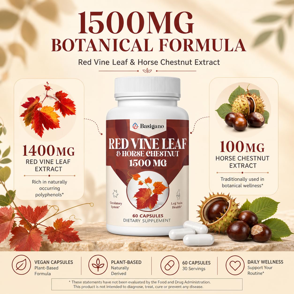 Basigano Red Vine Leaf & Horse Chestnut Extract Capsules bottle with label
