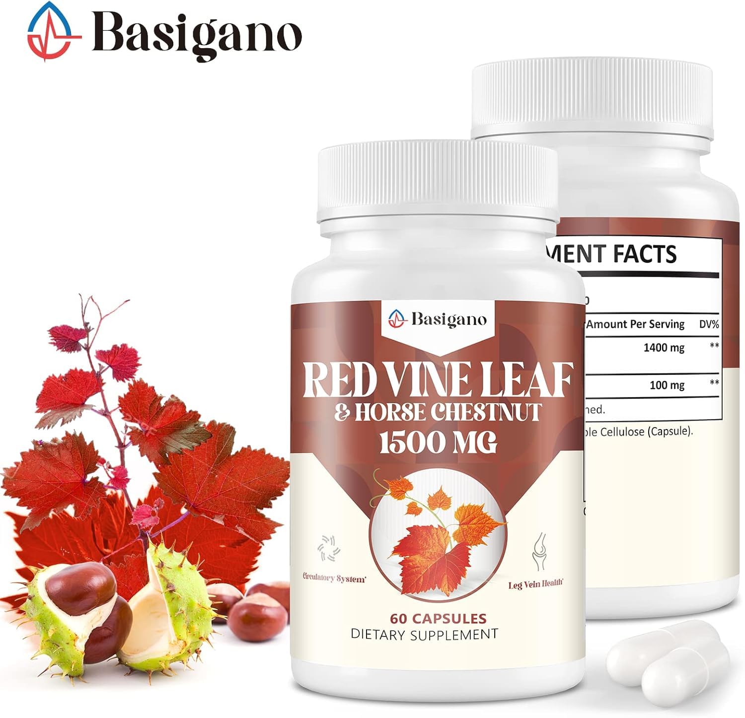 Basigano Red Vine Leaf & Horse Chestnut Extract Capsules bottle with label