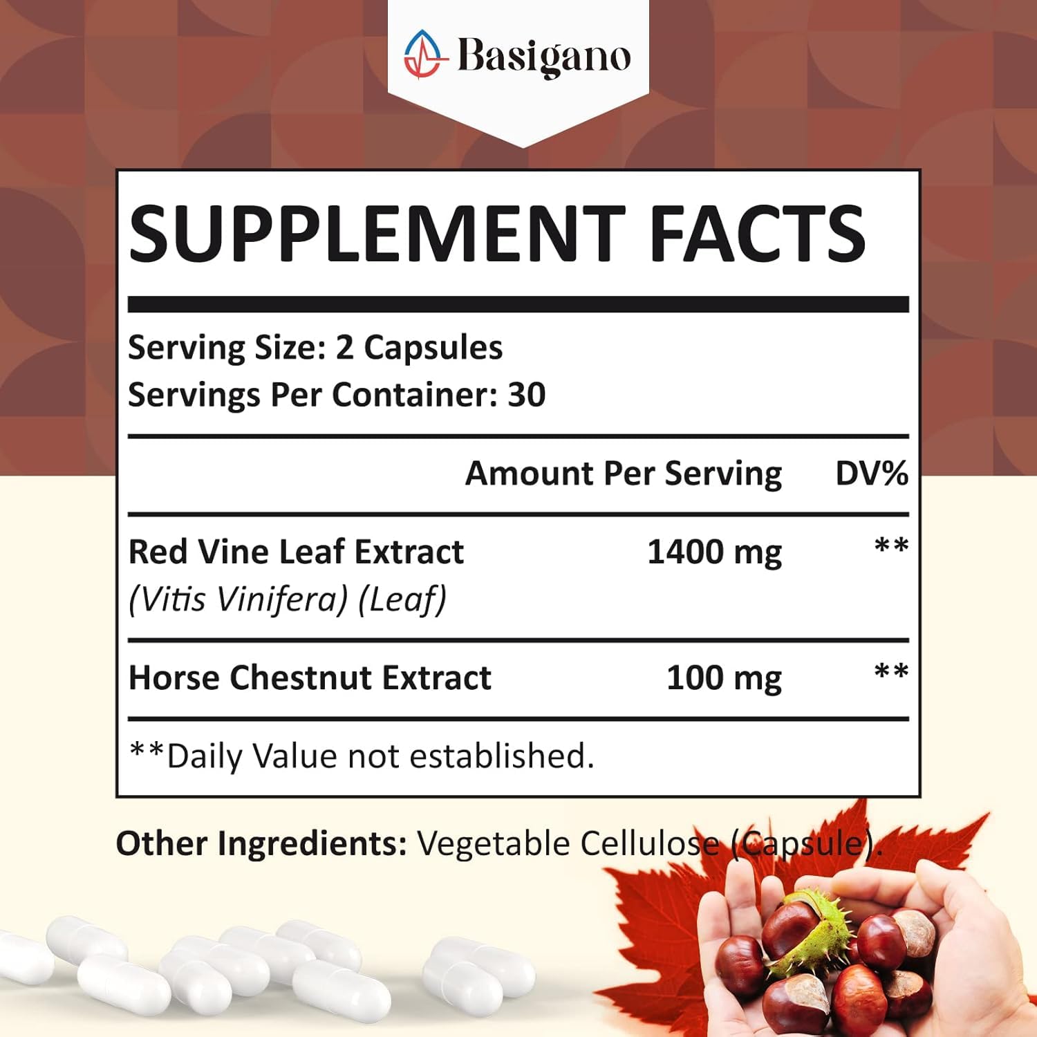 Basigano Red Vine Leaf & Horse Chestnut Extract Capsules side view