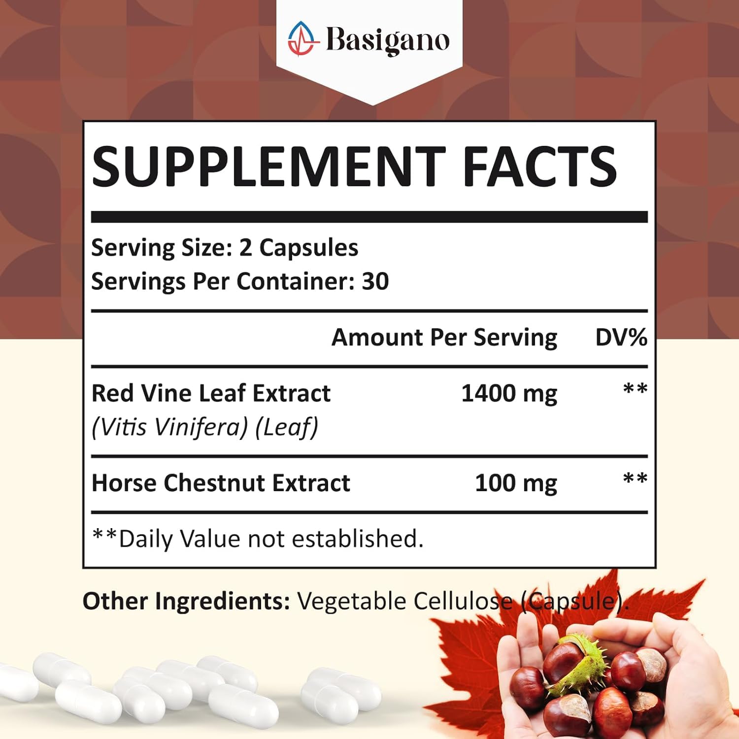 Basigano Red Vine Leaf & Horse Chestnut Extract Capsules side view